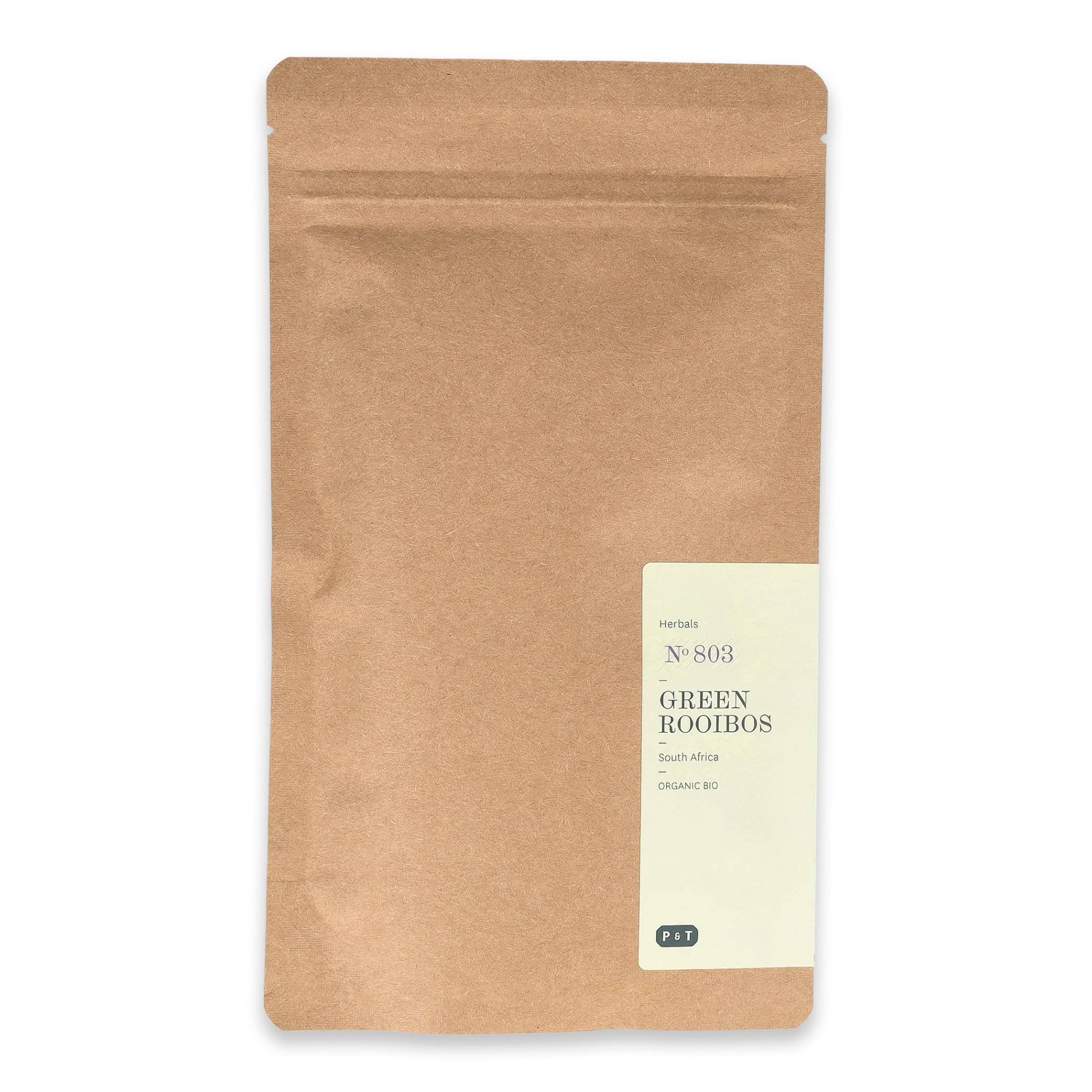Brauner Standbodenbeutel mit weißem Etikett für Bio Green Rooibos Tee von P & T.