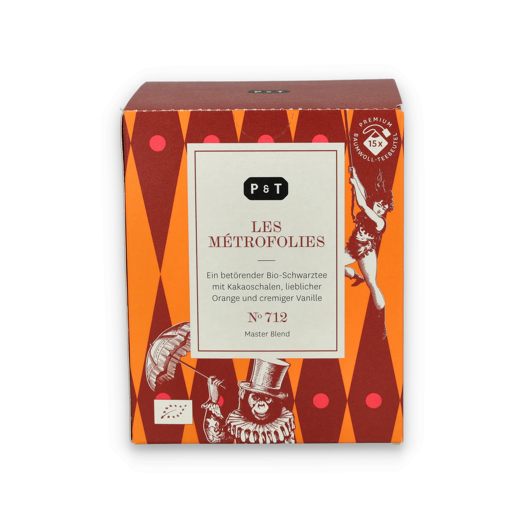 Dekorative Teepackung LES MÉTROFOLIES von P & T mit Bio-Schwarztee, Kakaoschalen, Orange und Vanille.