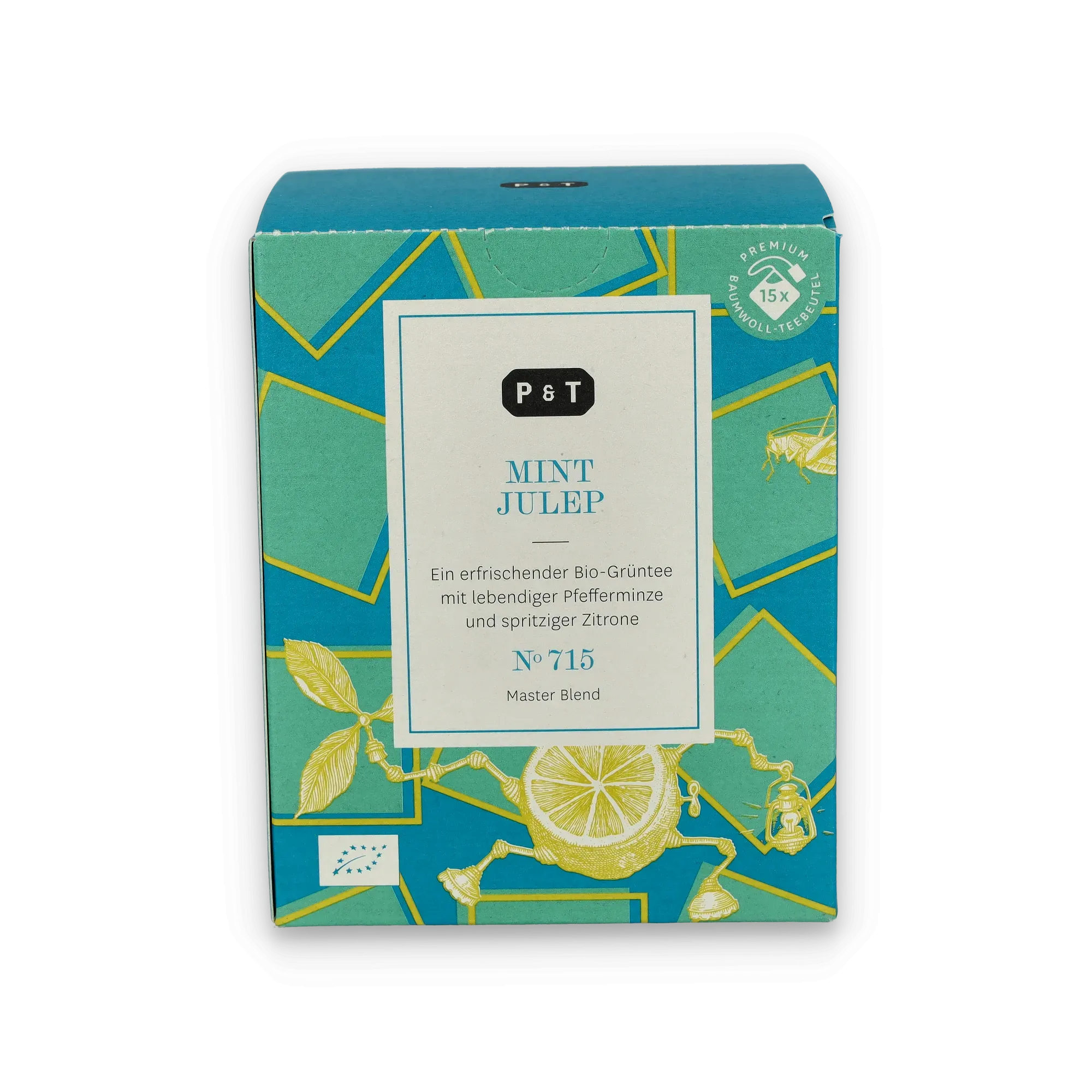 Rechteckige Teeschachtel mit grün-blauem Muster, Zitronenscheiben und P & T Mint Julep Bio-Grüntee