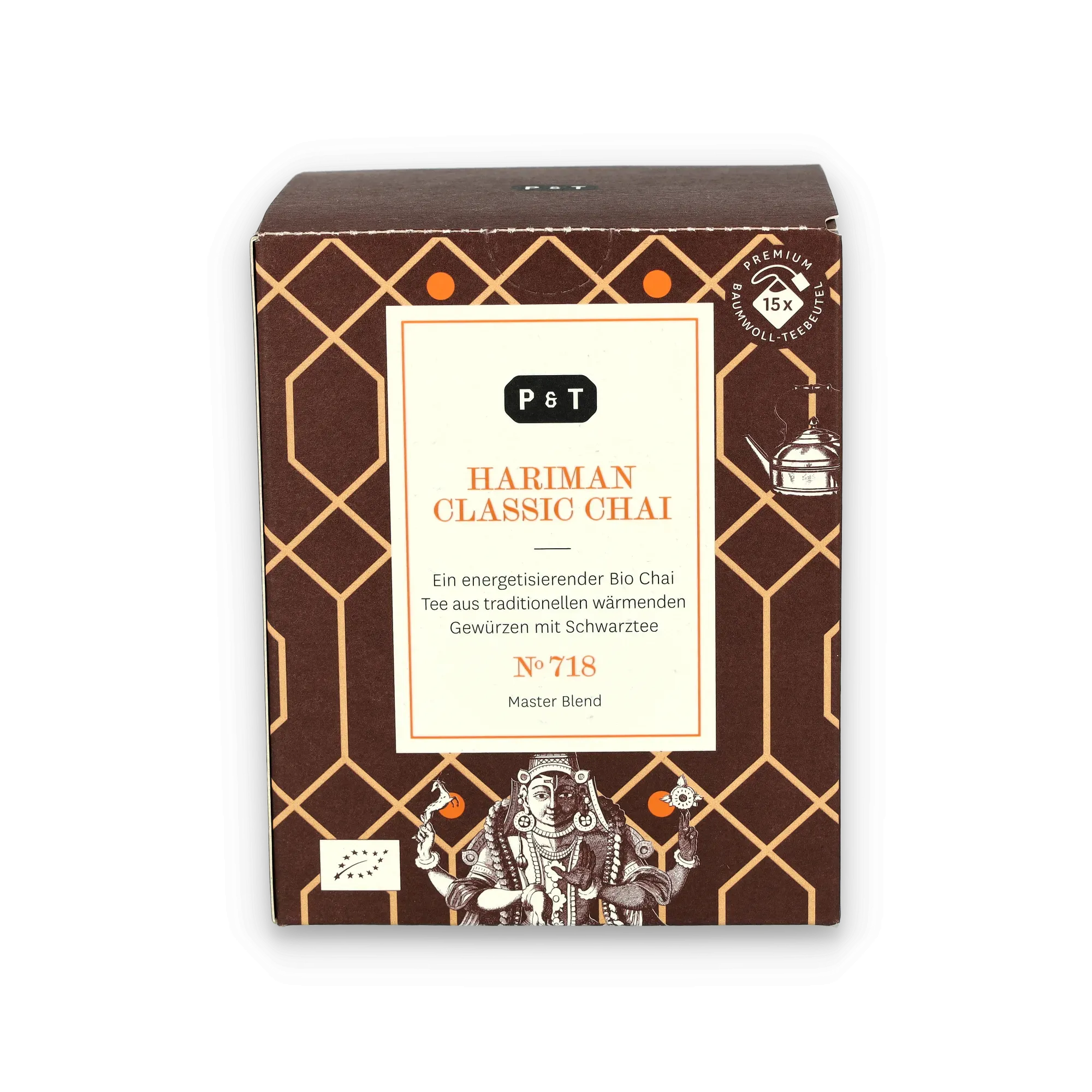 Bio Chai Tee von P & T HARIMAN mit Gewürzen in Baumwoll-Teebeuteln.