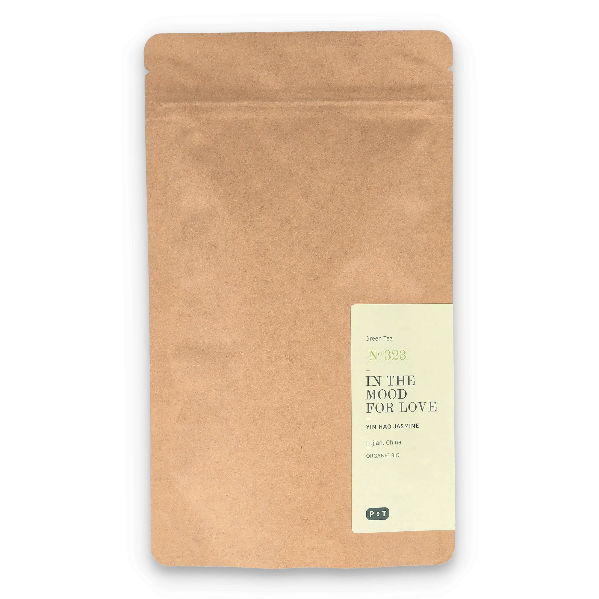 Braune Kraftpapierverpackung mit cremefarbenem Etikett für Bio-Grüntee aus Fujian, China.