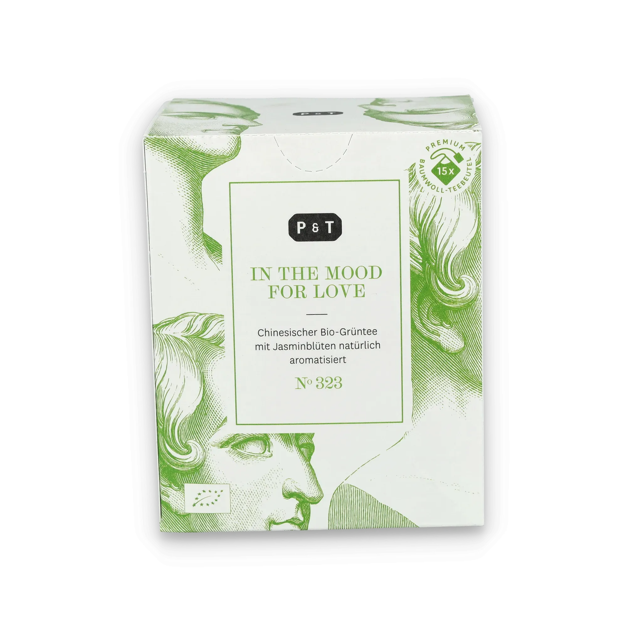 Elegante P & T Bio-Grüntee-Verpackung mit Jasminblütenaroma und 15 Baumwoll-Teebeuteln.