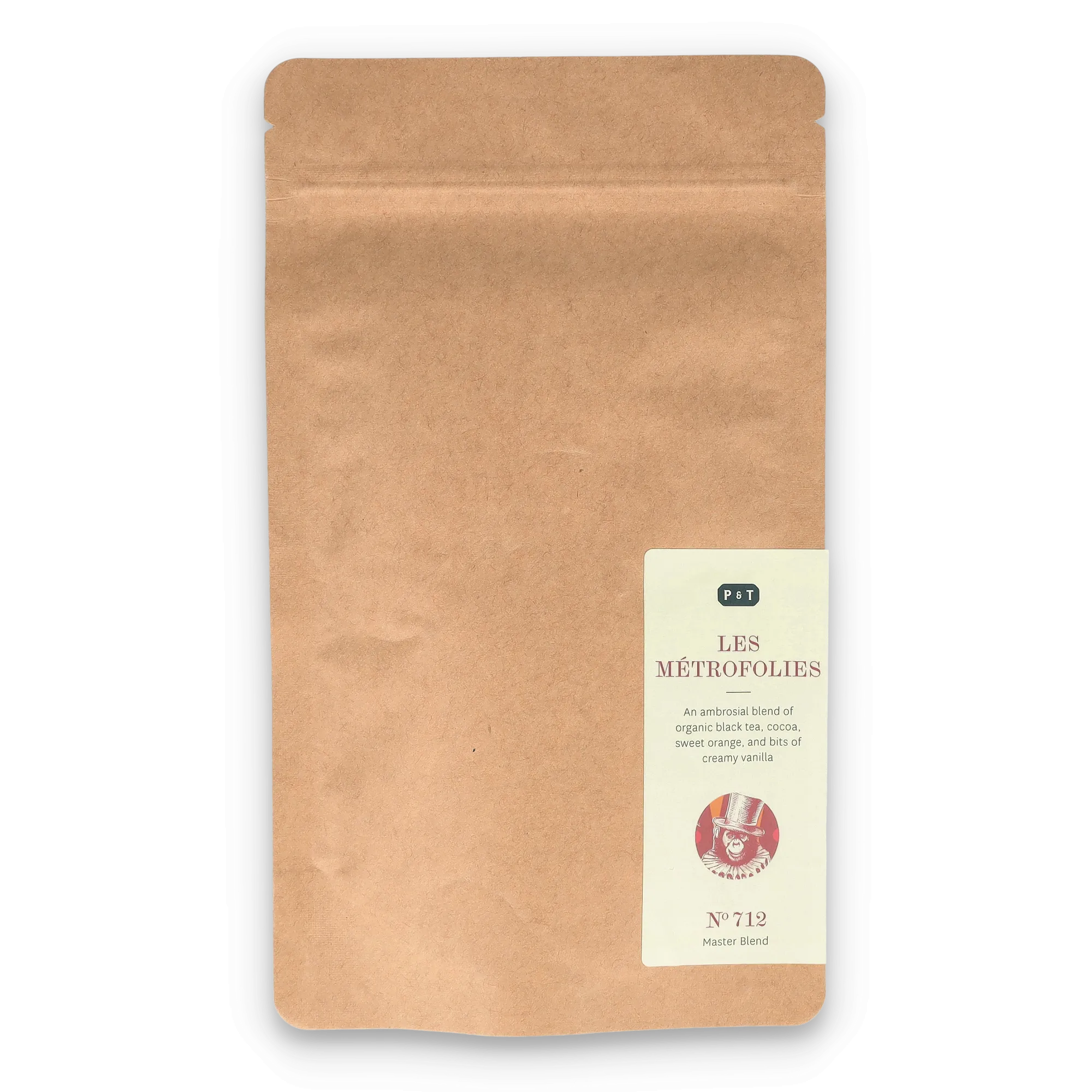 Braune Kraftpapiertüte mit Etikett für P & T LES MÉTROFOLIES Bio-Schwarztee-Mischung mit Kakao, Orange, Vanille