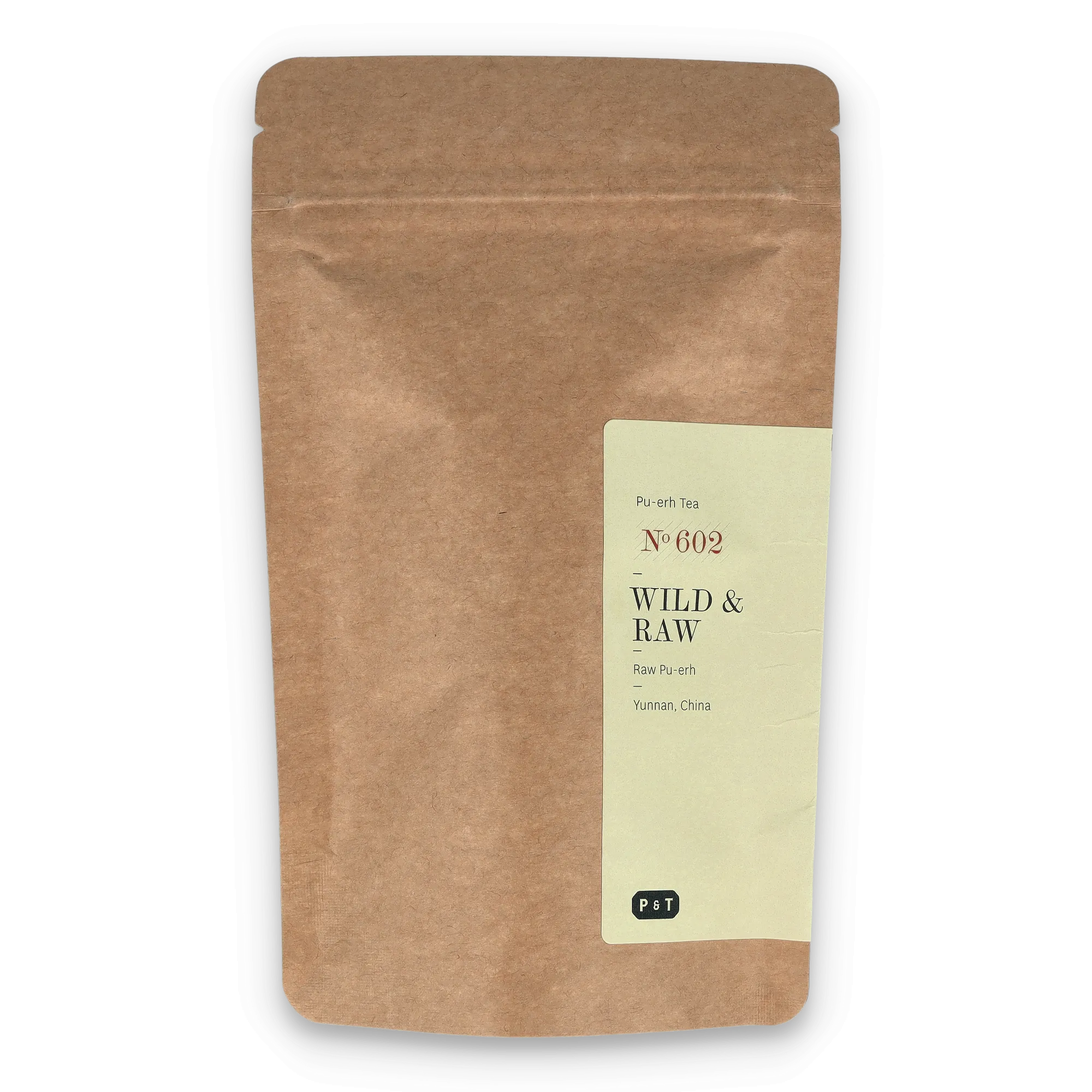 Kraftpapier-Standbodenbeutel mit Etikett für Premium Pu-erh Tee aus Yunnan, China, Marke P & T.