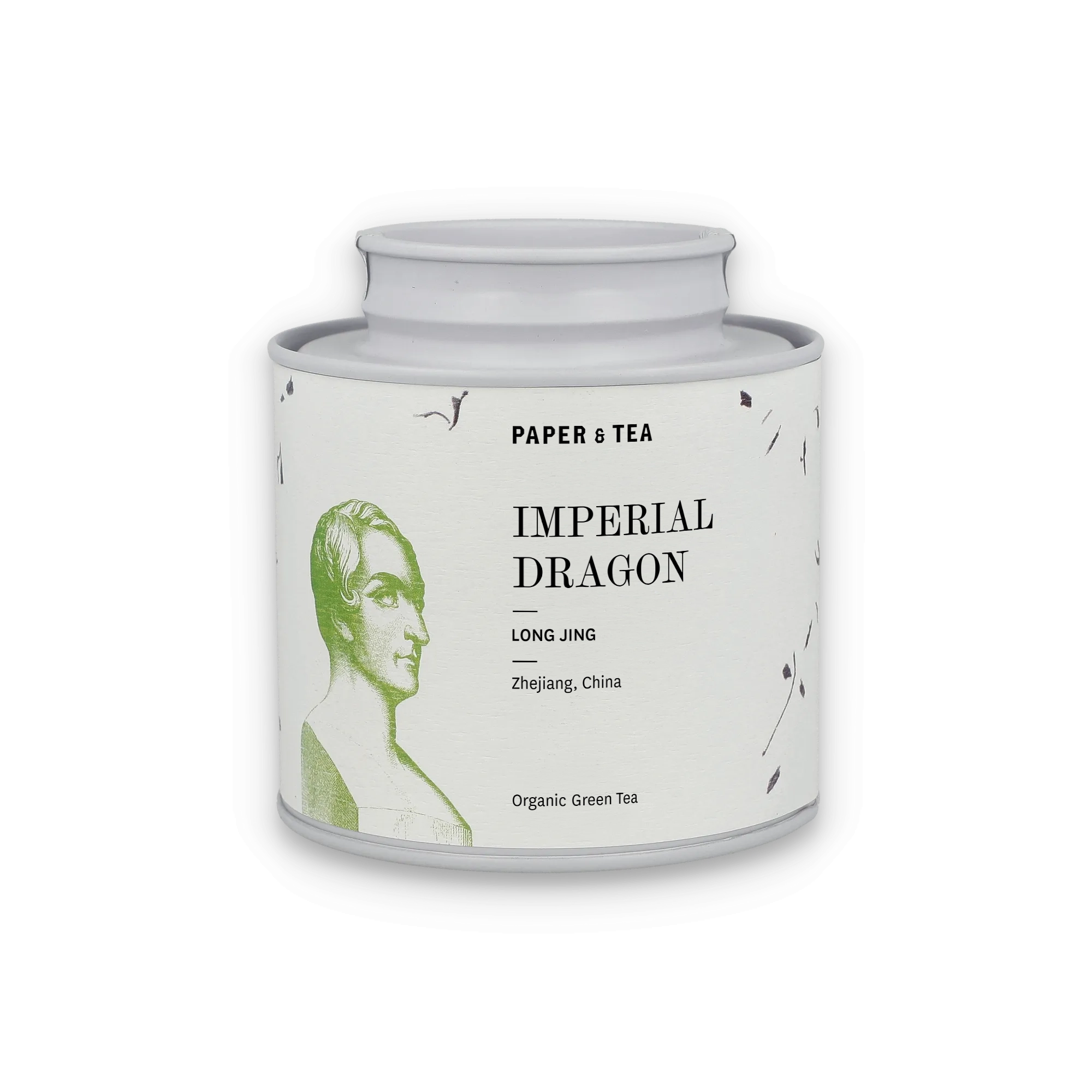 Weißer Teebehälter von PAPER & TEA mit Long Jing Grüntee aus Zhejiang, China.