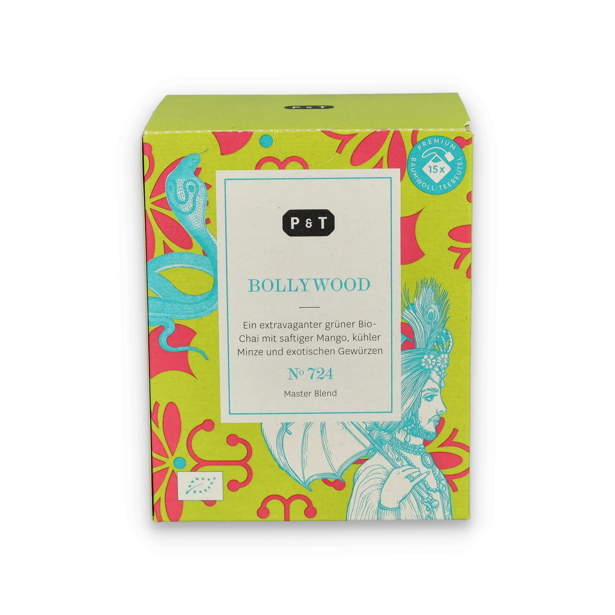 Leuchtend grüne Teebox mit Bollywood Bio-Chai, Mango, Minze, exotischen Gewürzen, Baumwoll-Teebeuteln