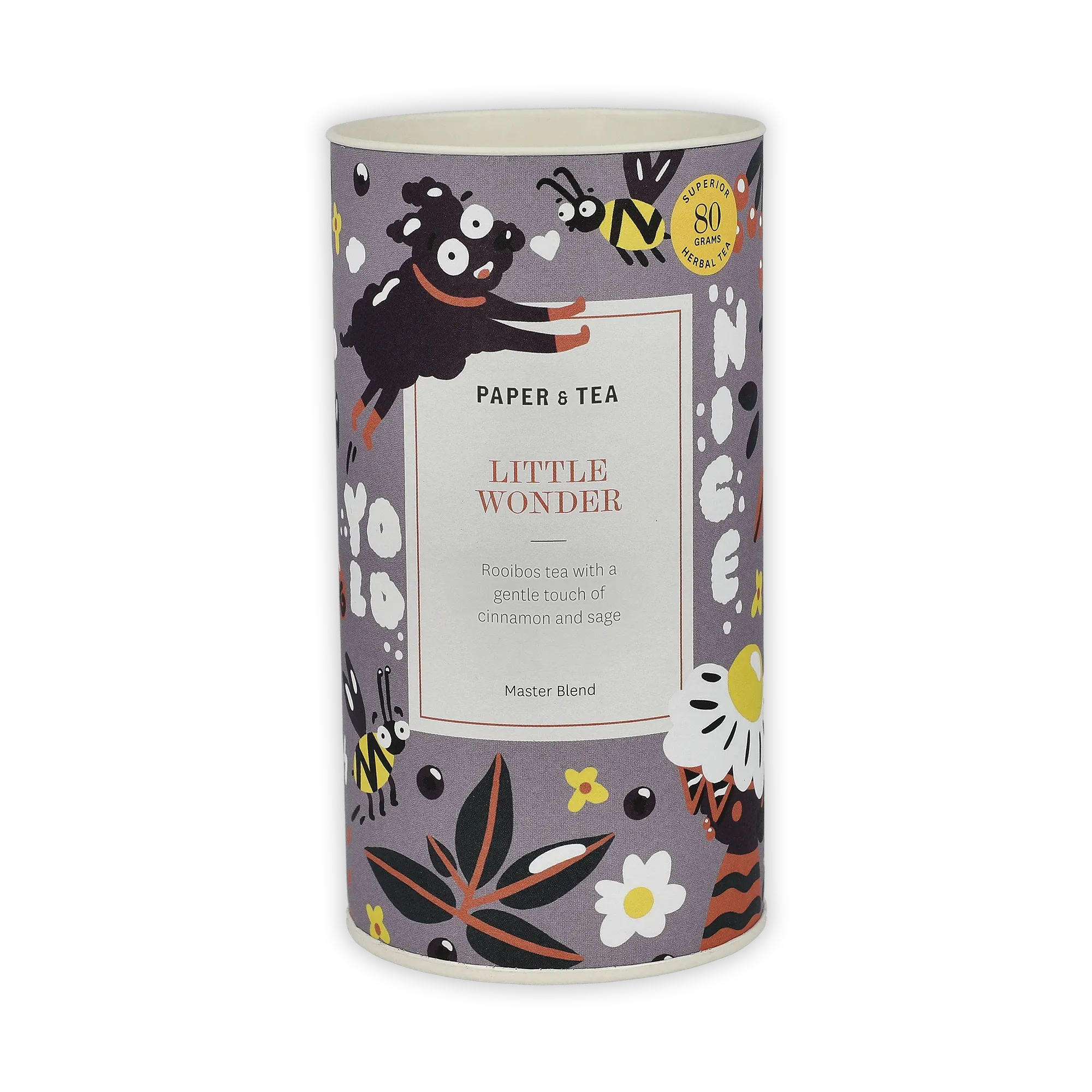 Runder violetter Tee-Behälter von PAPER & TEA mit LITTLE WONDER Rooibos, Zimt und Salbei, schwarzes Schaf und Bienen.