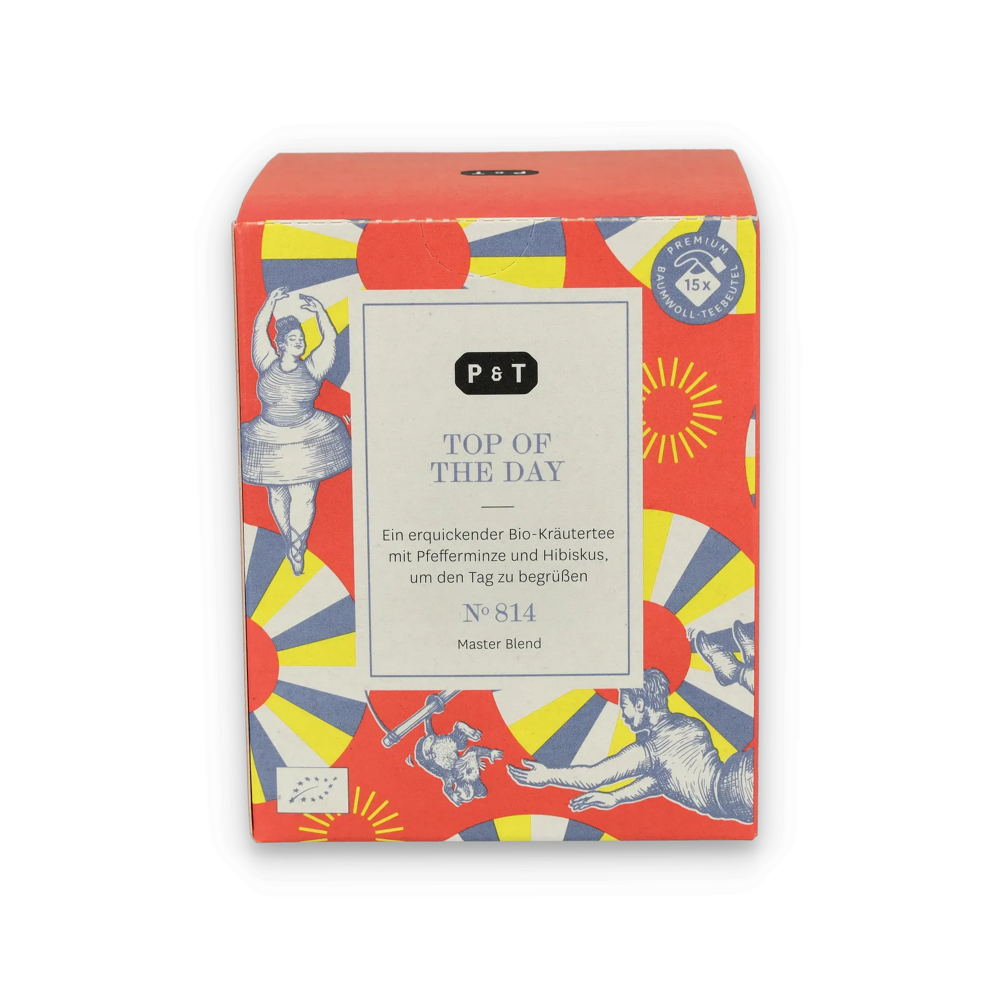 Bunte rechteckige Teeschachtel mit Vintage-Illustrationen zu Bio-Kräutertee mit Pfefferminze und Hibiskus.