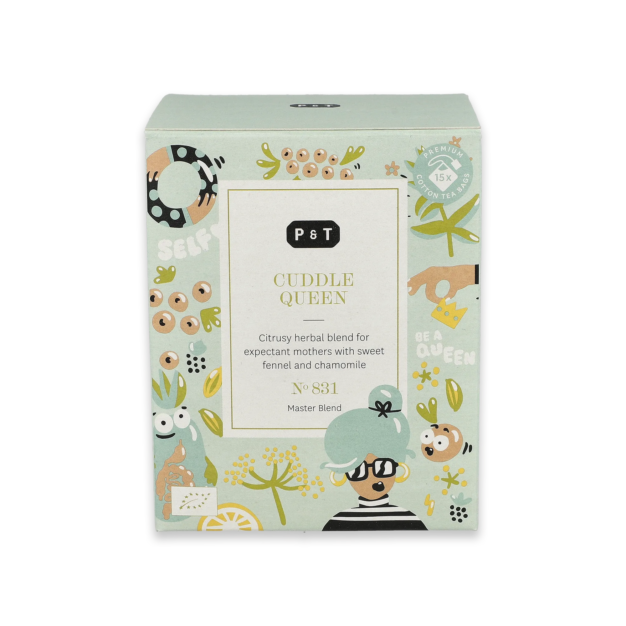 Pastellgrüne und blaue Teeschachtel mit floralen Illustrationen, P & T Cuddle Queen Kräutertee, Cartoon-Frau mit Brille