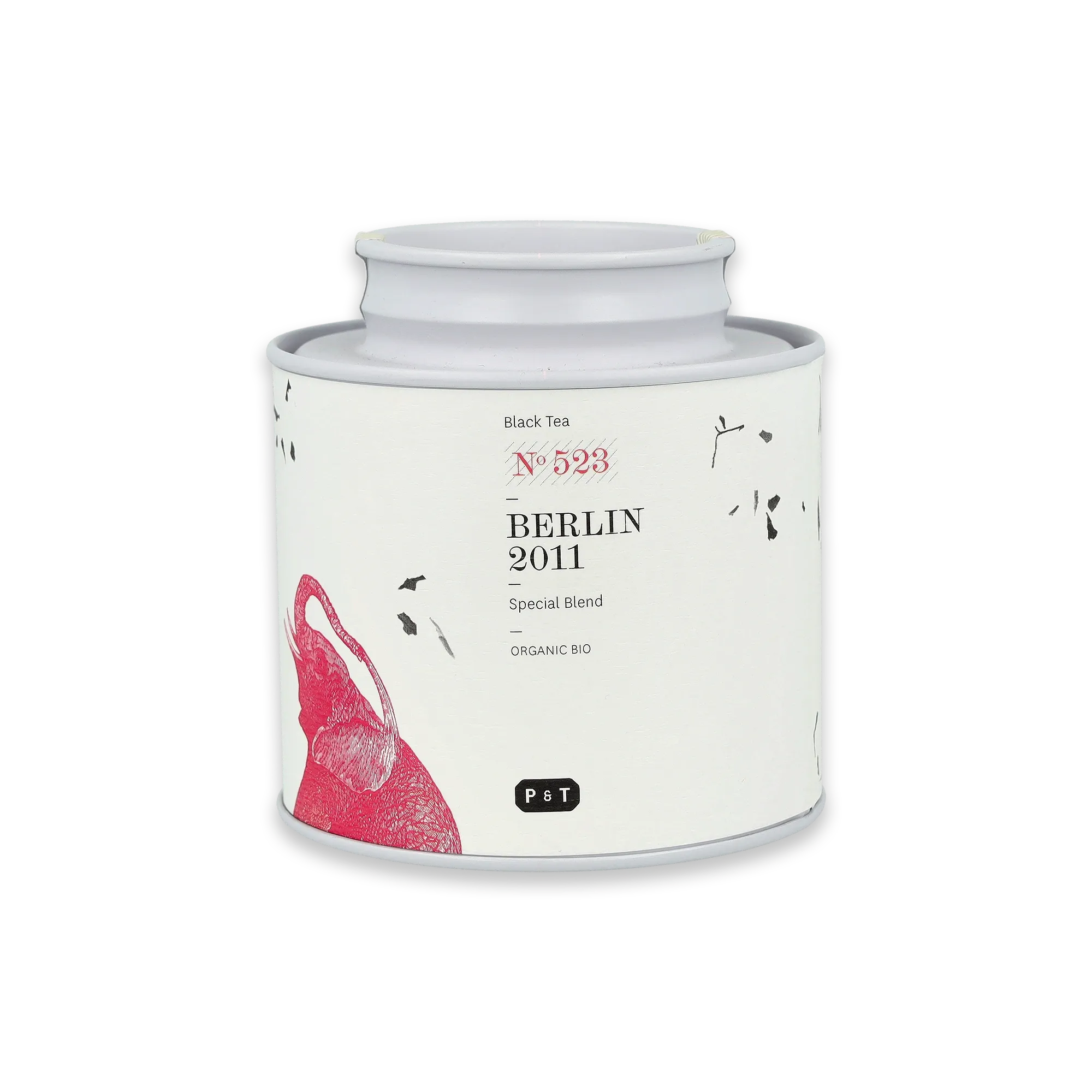 Weißer Teebehälter mit schwarzem und rotem Aufdruck: "Black Tea No 523 Berlin 2011 Organic Bio Special Blend".