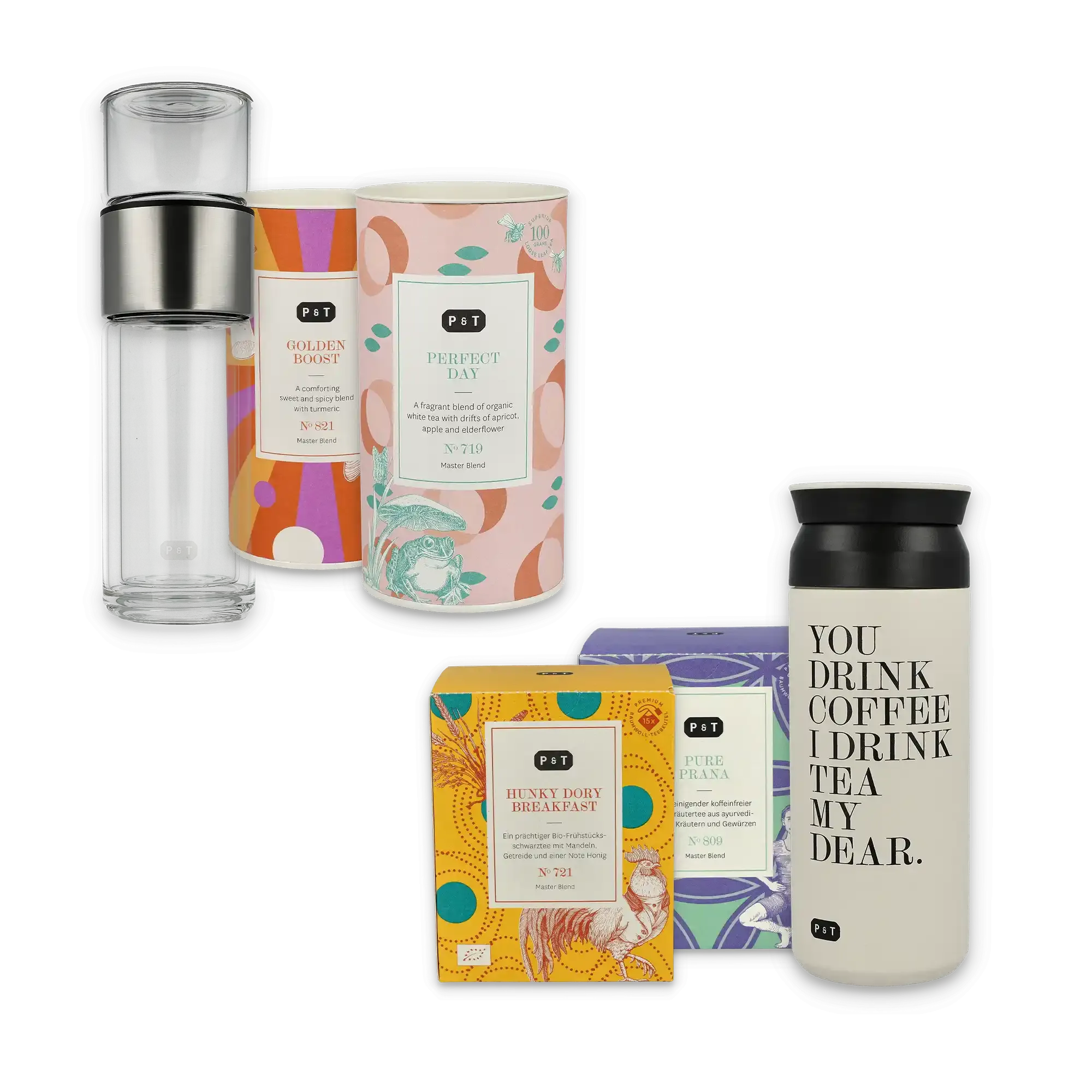 Verschiedene P & T Premium-Teesorten, transparenter Teebereiter und Becher mit Teespruch auf schwarzem Hintergrund.