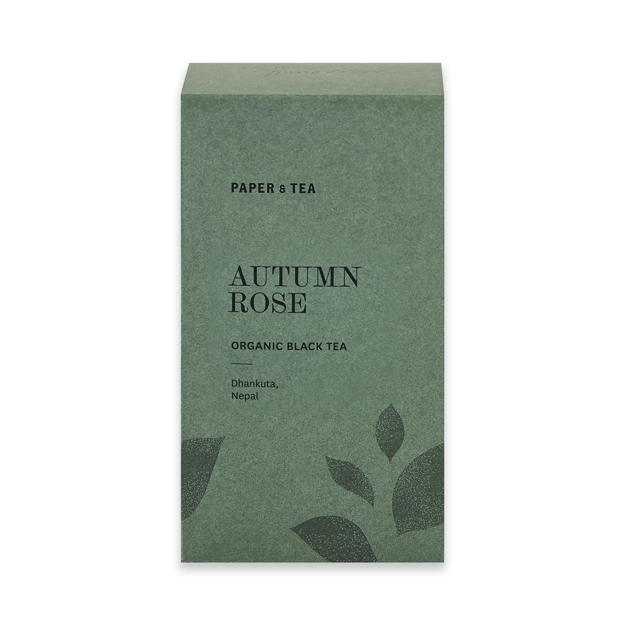 Verpackung von Paper & Tea AUTUMN ROSE Bio-Schwarzer Tee aus Nepal mit Blättermotiven.
