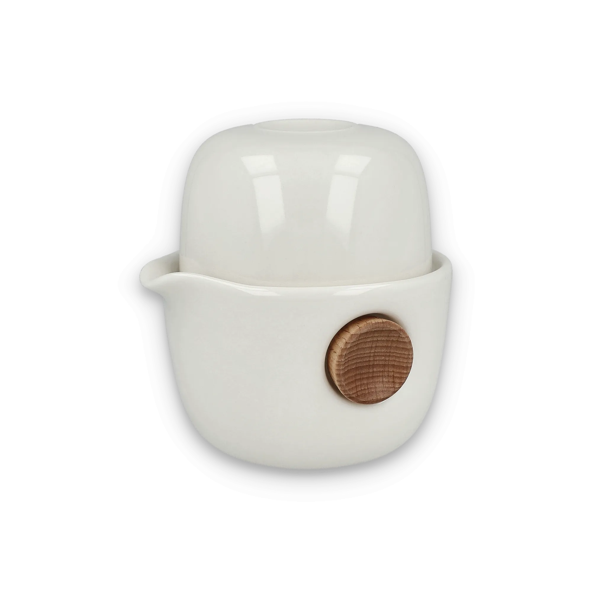 Elegante weiße Keramik-Butterdose mit Holzgriff auf schwarzem Hintergrund, modernes Design.