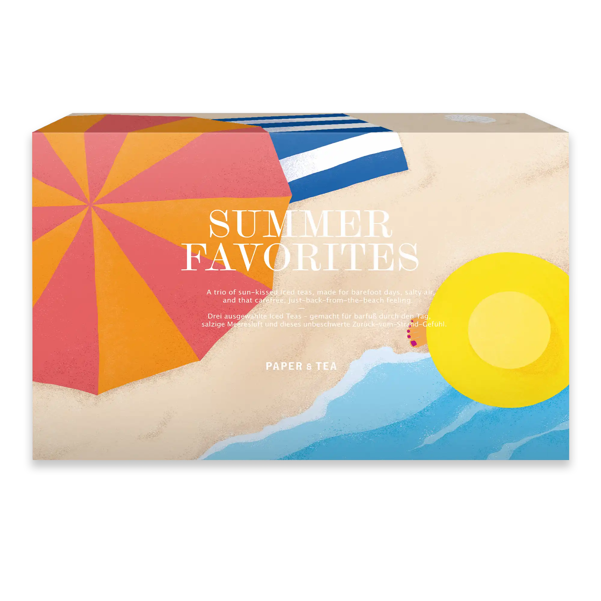 Illustration eines Strands mit Sonnenschirm, Handtuch und Sonnenhut neben Paper & Tea Eistee-Favoriten.