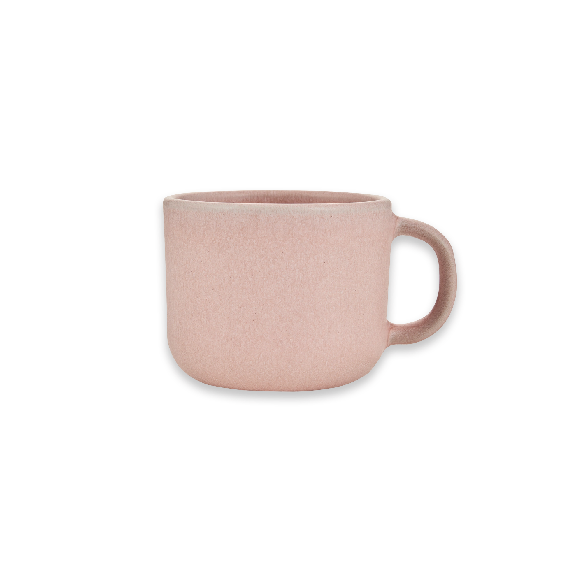 Rosa Keramik-Kaffeetasse mit Henkel rechts, minimalistisch und matt, vor schwarzem Hintergrund.