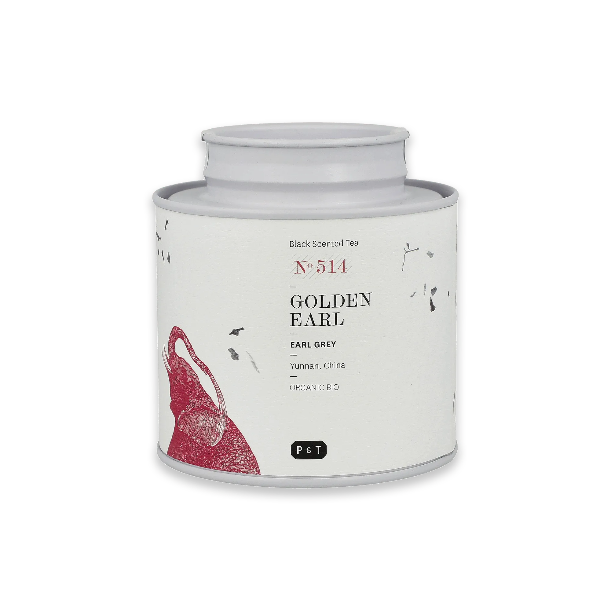 Elegante runde Teedose mit grauem Deckel und Etikett für organischen Earl Grey Tee aus Yunnan.