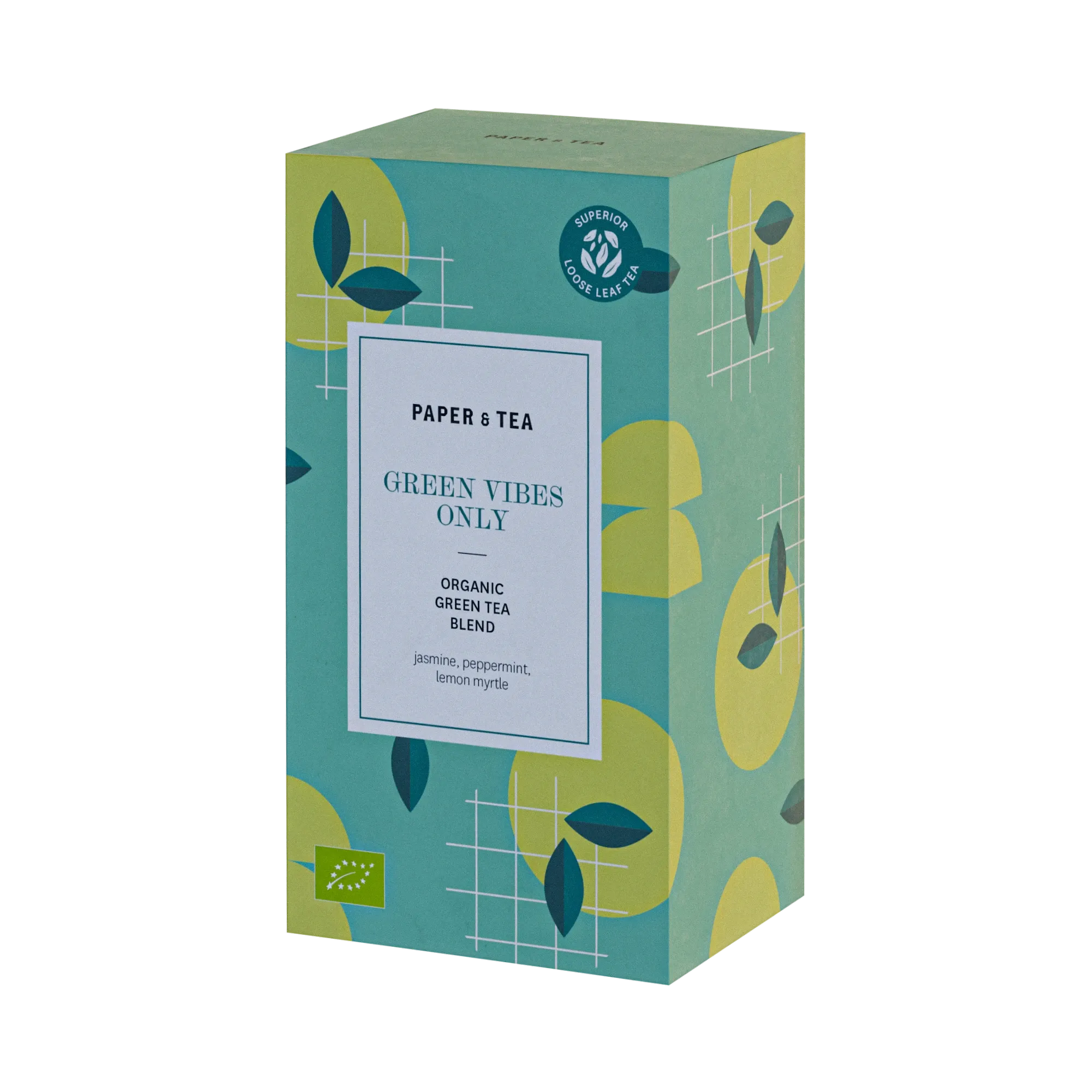 Teebox von Paper & Tea mit Bio-Grüntee-Mischung aus Jasmin, Pfefferminze, Zitronenmyrte