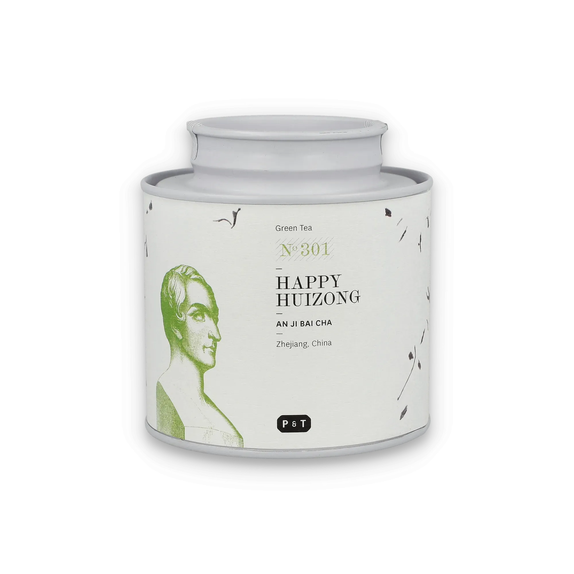Weißer zylindrischer Teebehälter mit grünem Design und Aufschrift 'An Ji Bai Cha' Grüner Tee aus Zhejiang