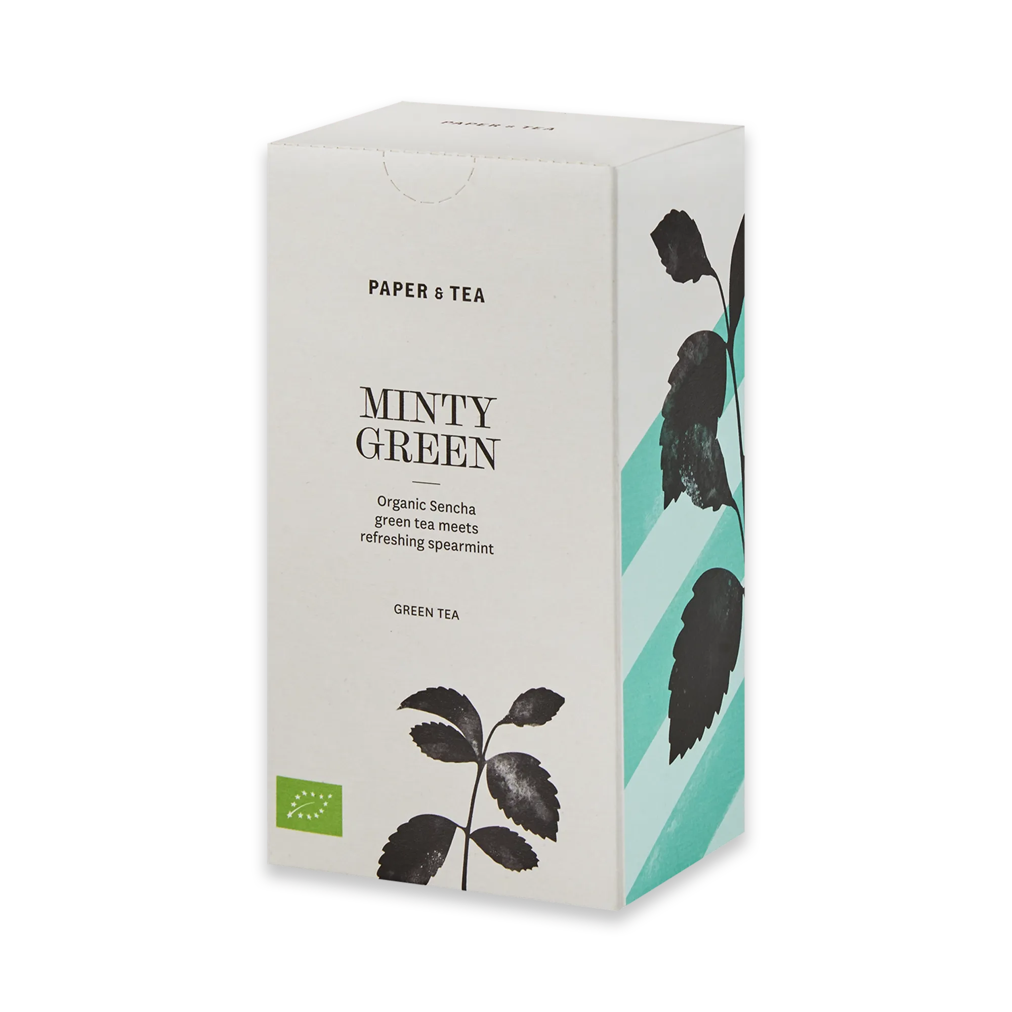 Weißer Tee-Karton von PAPER & TEA mit organischem Sencha-Grüntee und erfrischender Pfefferminze, schwarz-türkises Design.
