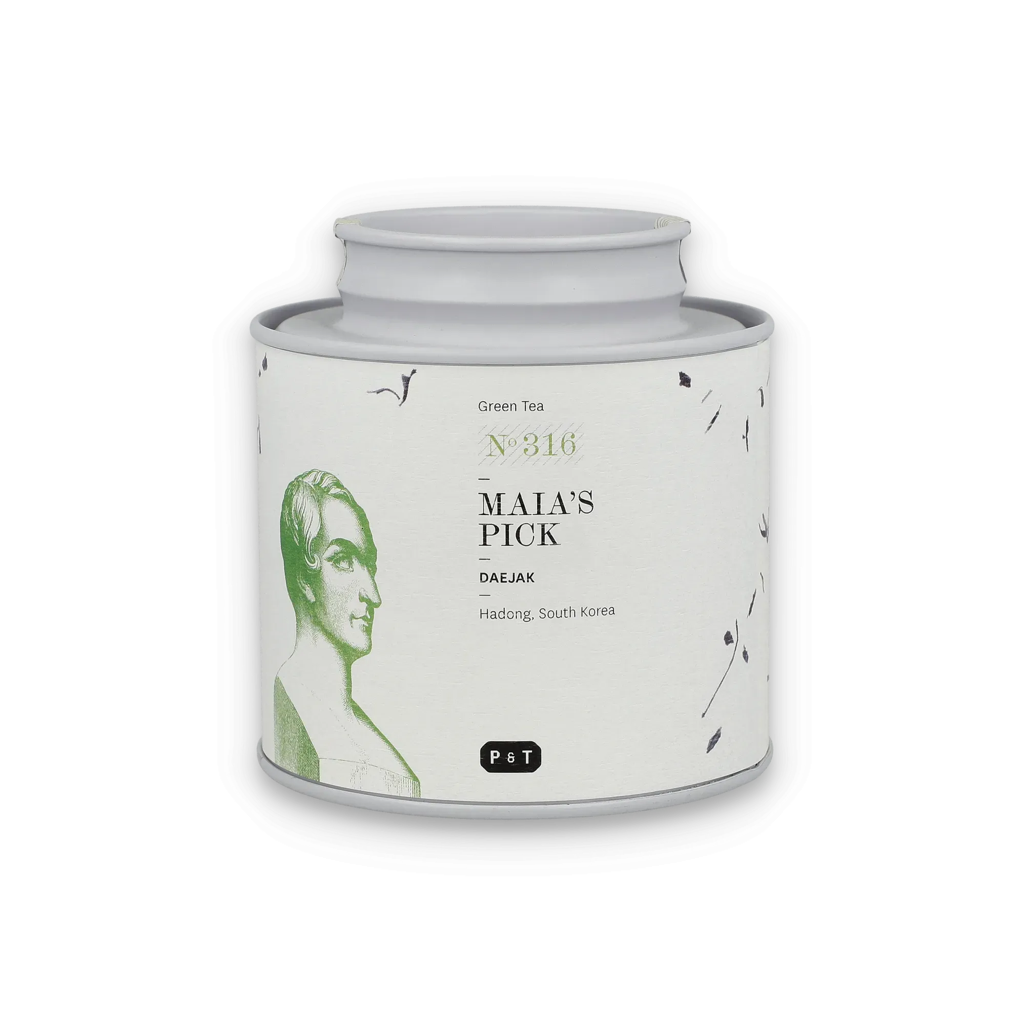 Weißer zylindrischer Tee-Behälter mit grünem Büsten-Sketch, grüner Tee N316 aus Hadong, Marke P & T