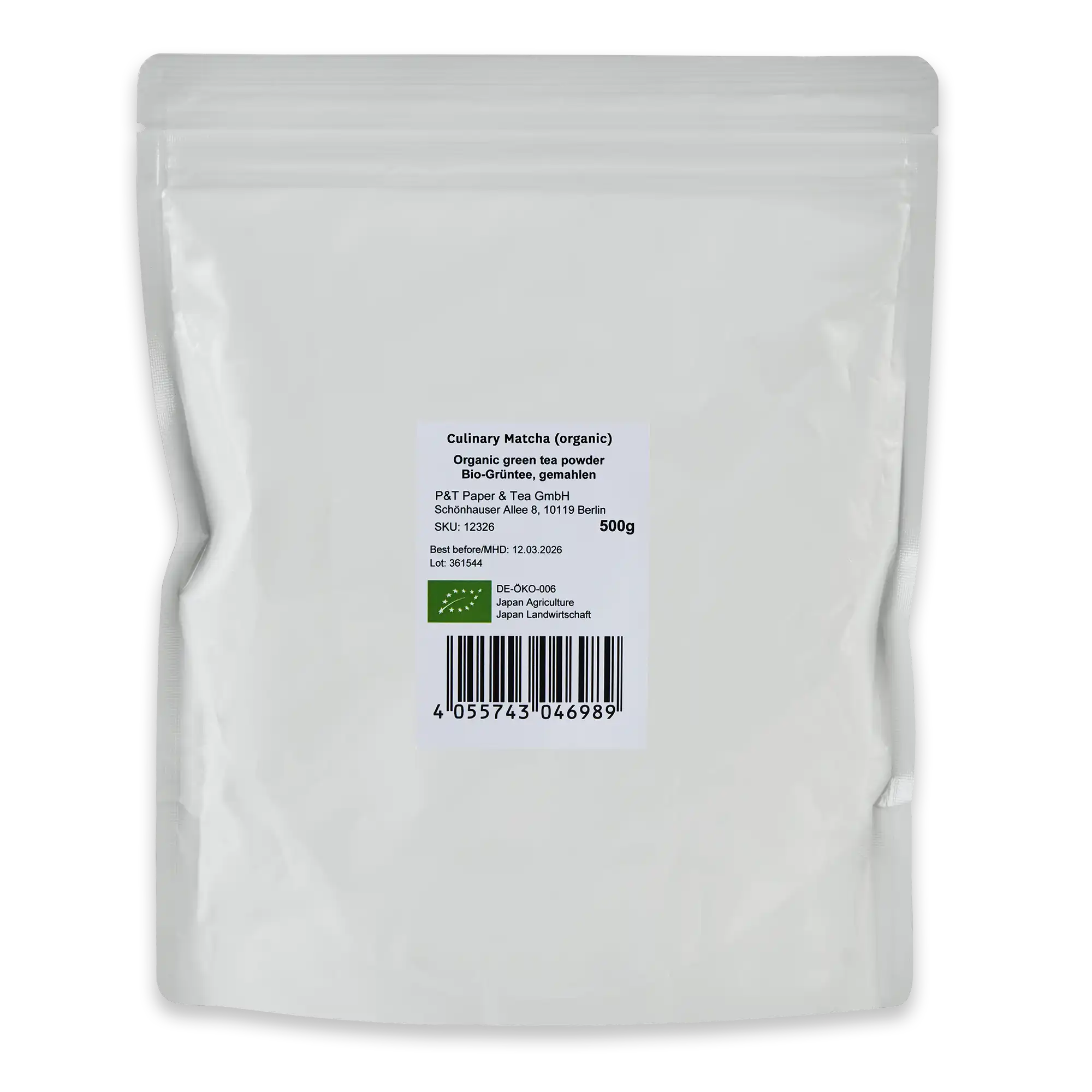 Weiße wiederverschließbare Verpackung mit Etikett für Culinary Matcha Bio-Grünteepulver, 500g, mit Bio-Siegeln.