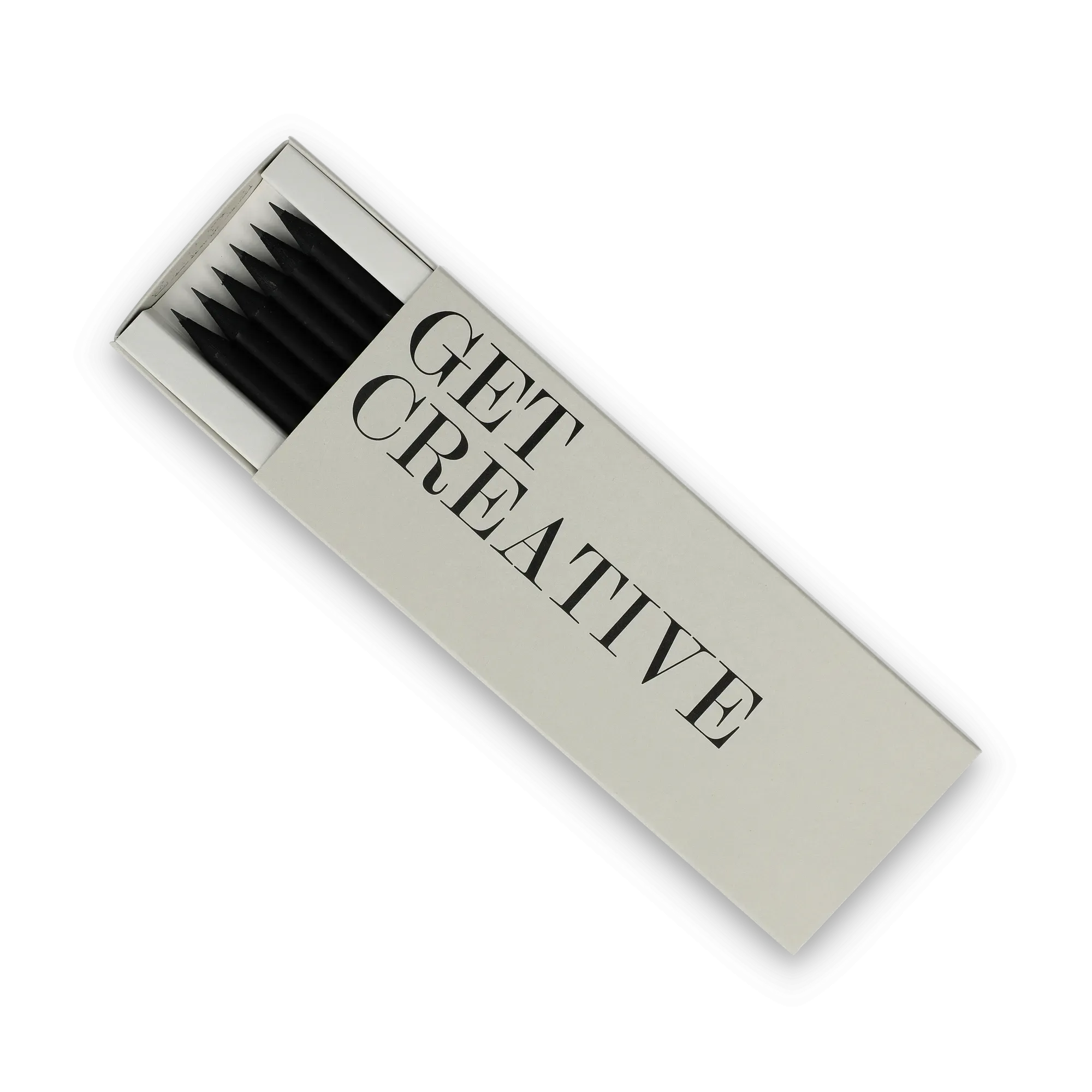 Weiße Schachtel mit sechs schwarzen Bleistiften und einer Hülle mit 'GET CREATIVE', minimalistisches Design.