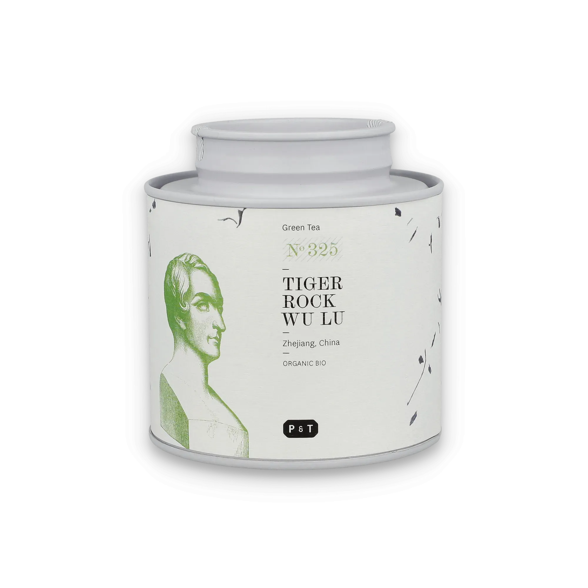 Weißer zylinderförmiger Behälter mit grüner Büsten-Illustration und Label für organischen Grüntee aus Zhejiang