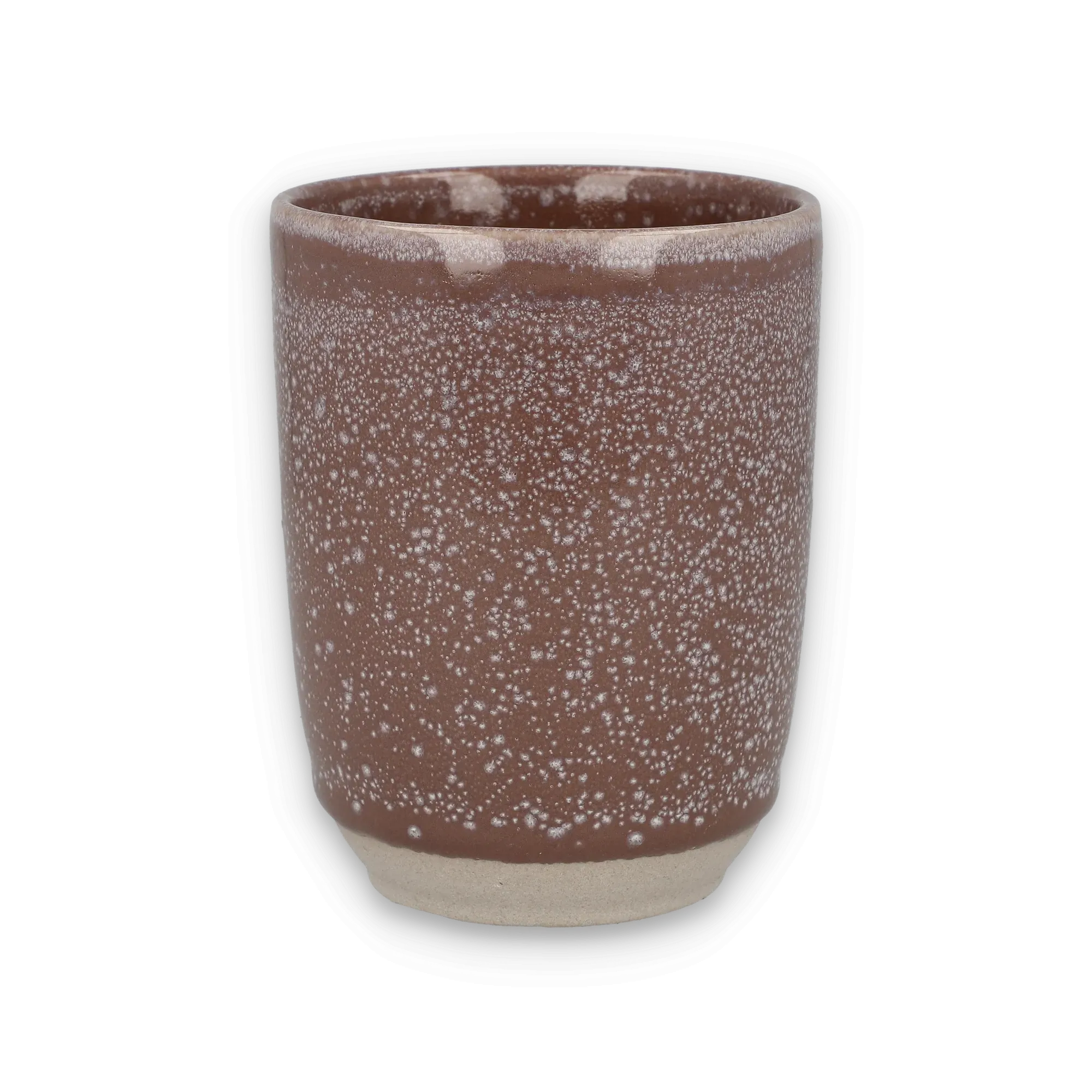 Keramiktasse mit brauner, gesprenkelter Glasur und unglasierter Basis im rustikalen Design.
