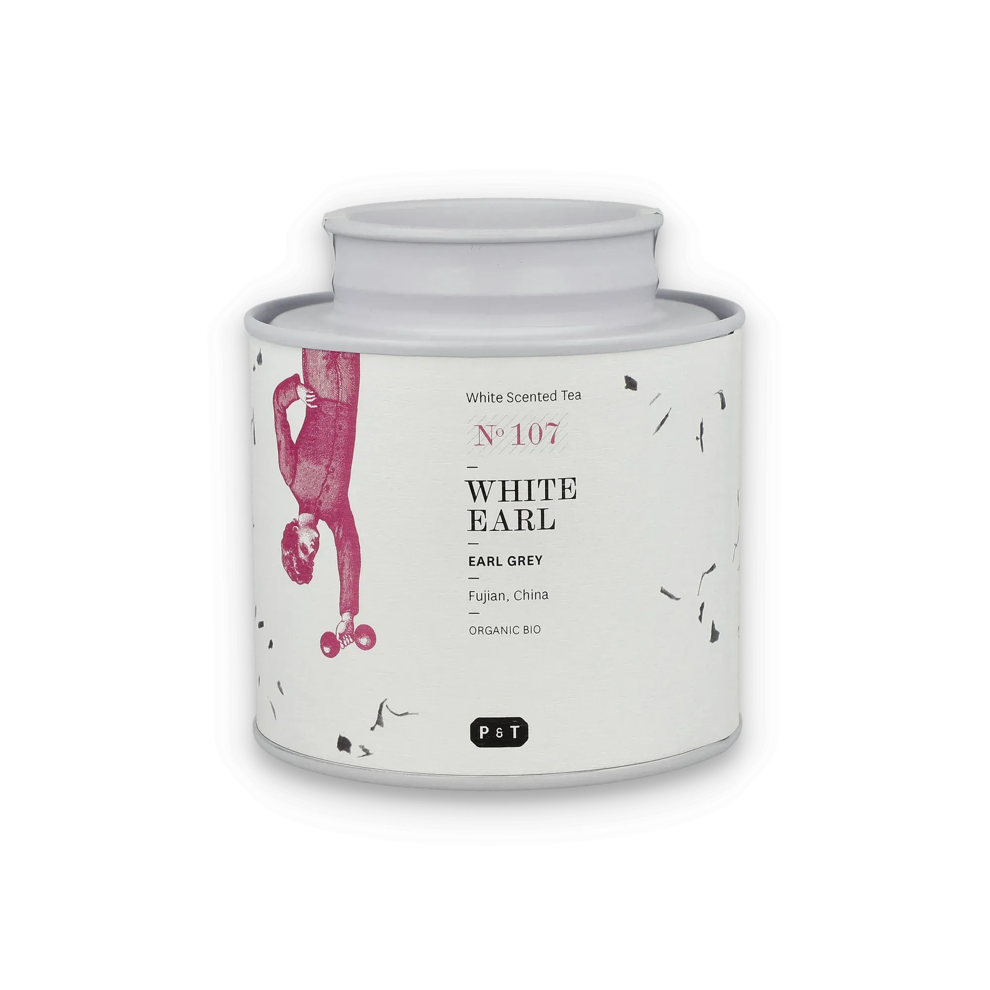 Weiße Teedose mit Aufschrift "White Earl Grey" aus Fujian, biologisch und elegant.