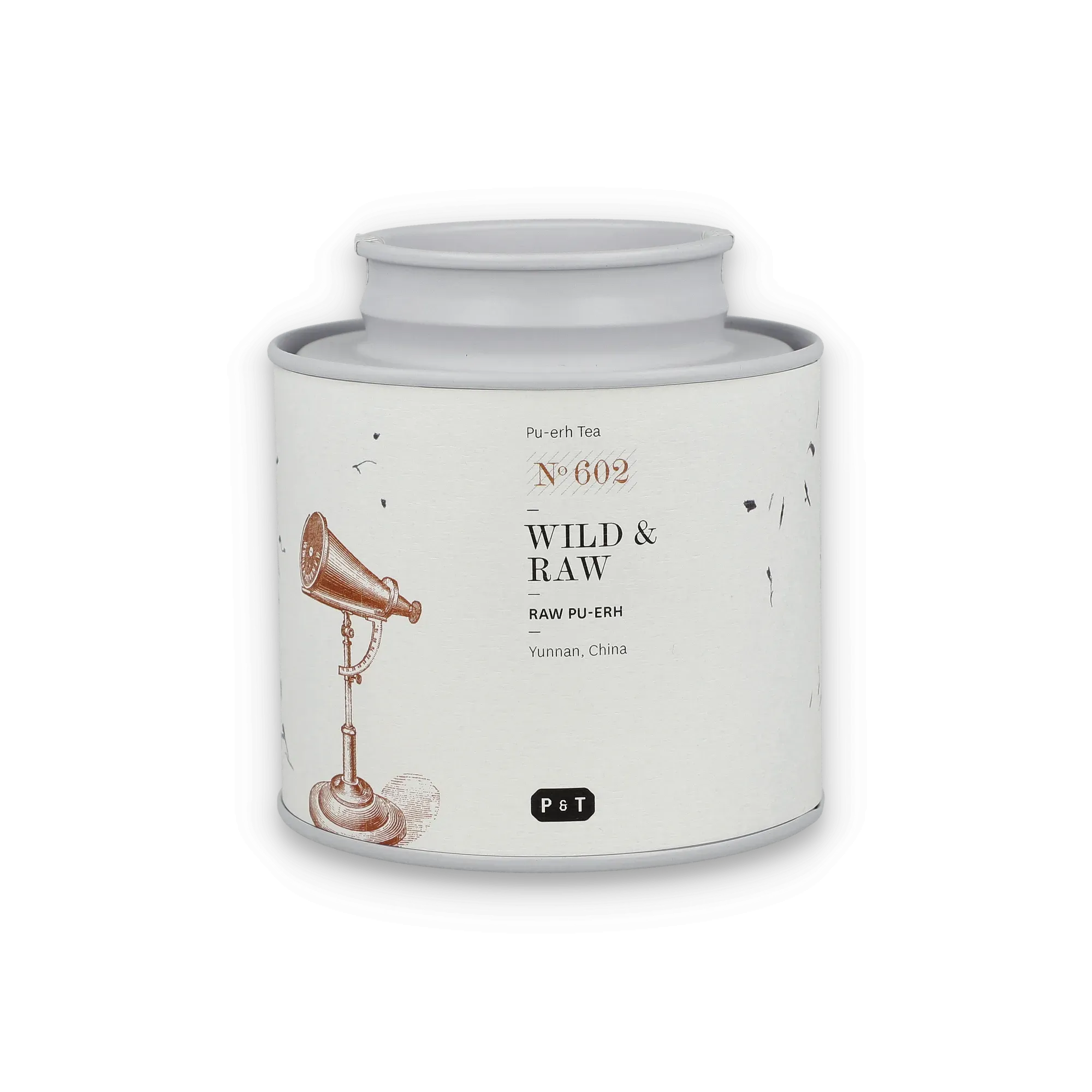 Weißer zylindrischer Teebehälter mit Vintage-Teleskopzeichnung und Pu-erh Tee aus Yunnan, China