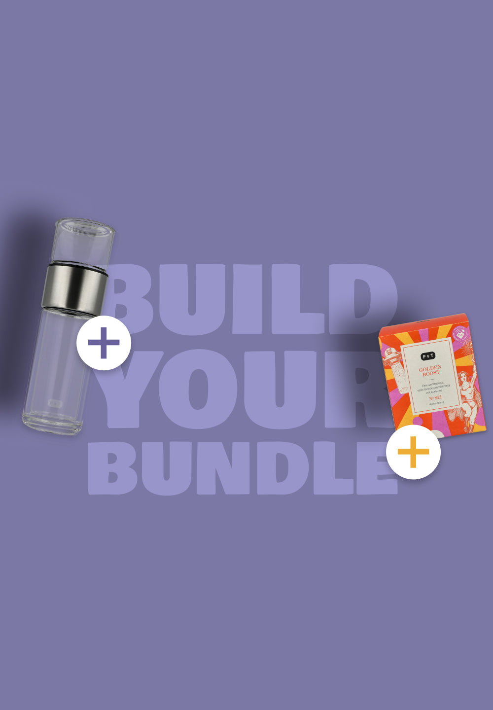 Transparente Glasflasche mit Metallband und bunter Golden Boost Box vor lila Hintergrund mit 'Build Your Bundle'-Text