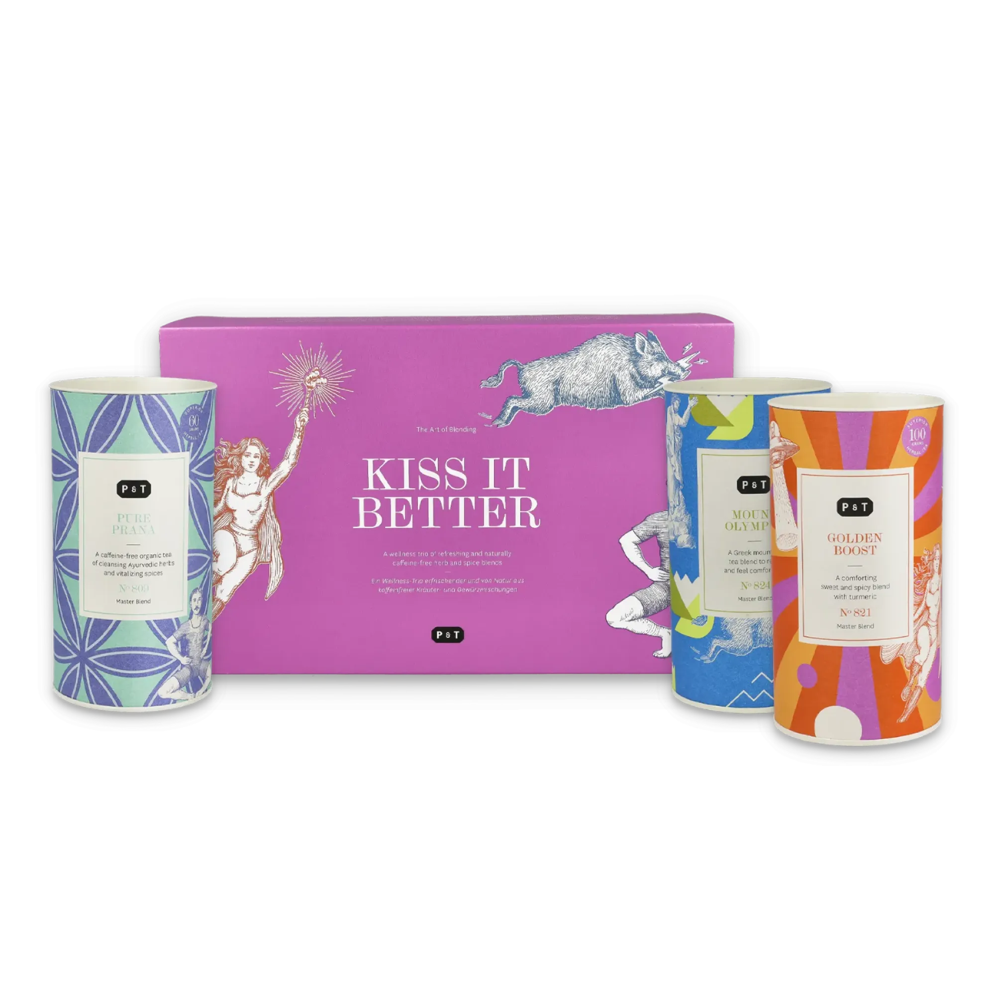 Vier stilvoll gestaltete P & T Teeverpackungen: KISS IT BETTER, PURE PRANA, MOUNT OLYMP und GOLDEN BOOST.