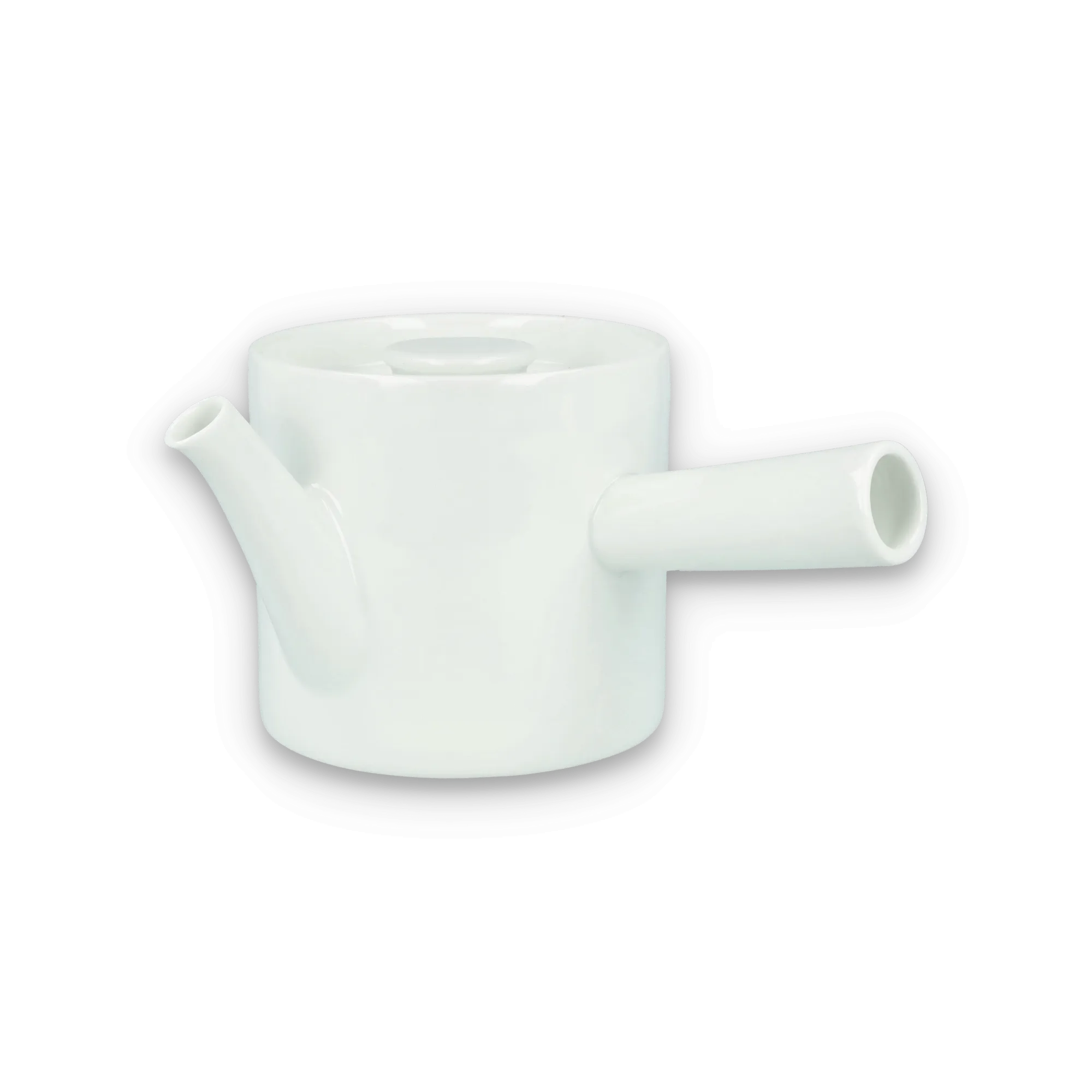 Moderne weiße Keramik-Teekanne mit kurzem Ausguss und horizontalem Griff.