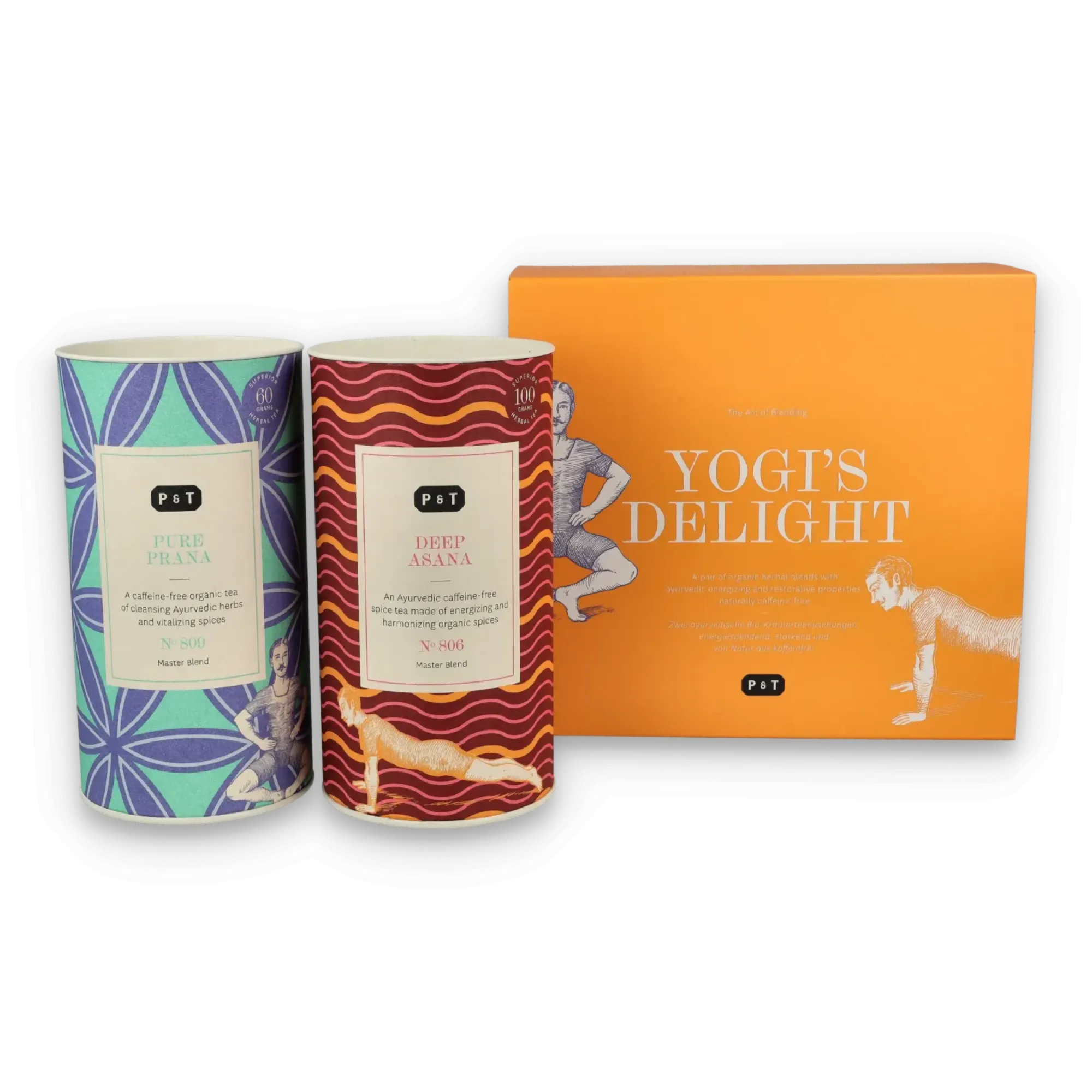Drei Ayurveda-Tees von P & T: PURE PRANA, DEEP ASANA Gewürztee und YOGI'S DELIGHT mit Yoga-Motiven.