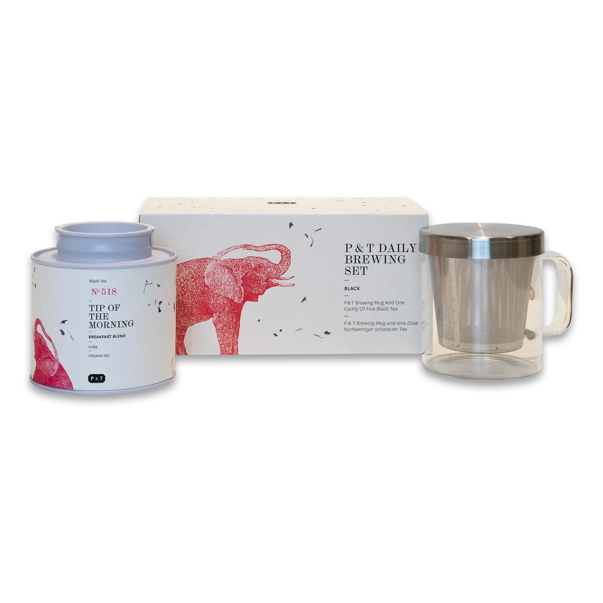 P & T Daily Brewing Set mit schwarzem Bio-Frühstückstee aus Indien, Glasbrühbecher und Elefantenmuster.