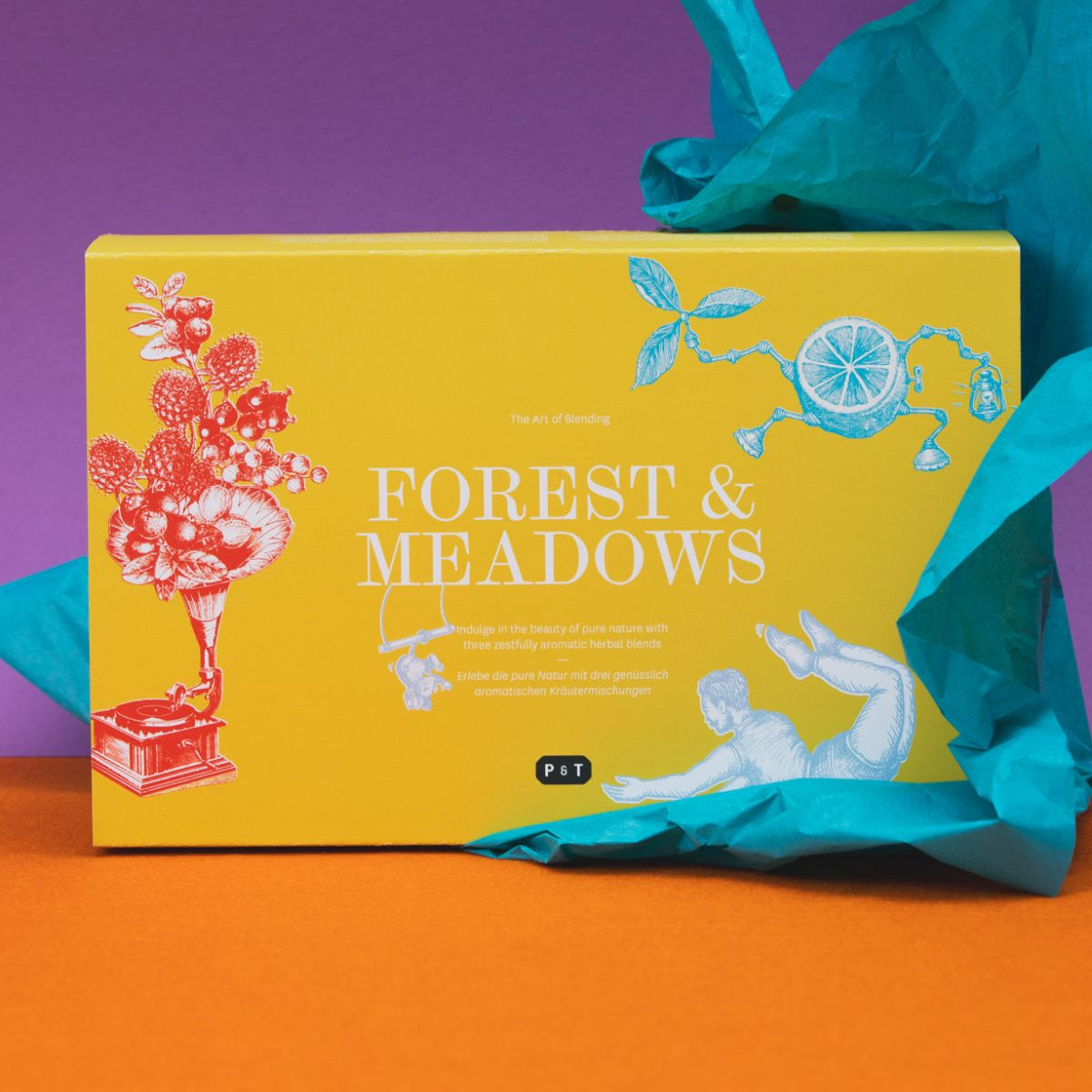 Gelbe FOREST & MEADOWS Teebox mit weißem Schriftzug und Vintage-Illustrationen vor violetter Wand.