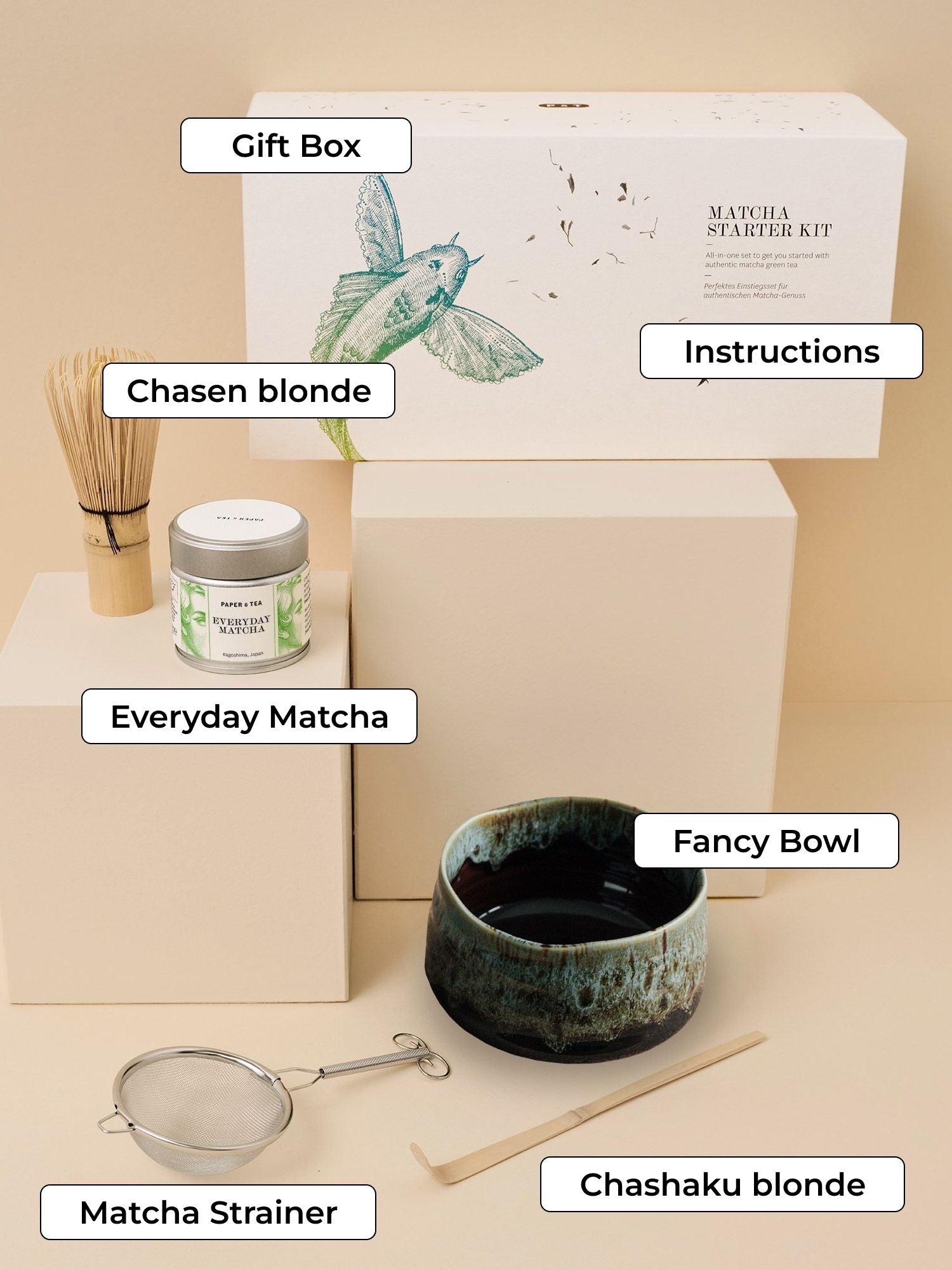 Matcha Starter Kit mit Geschenkbox, Bambusbesen, grünem Kagoshima-Tee, Keramikschale, Metallsieb, Bambuslöffel