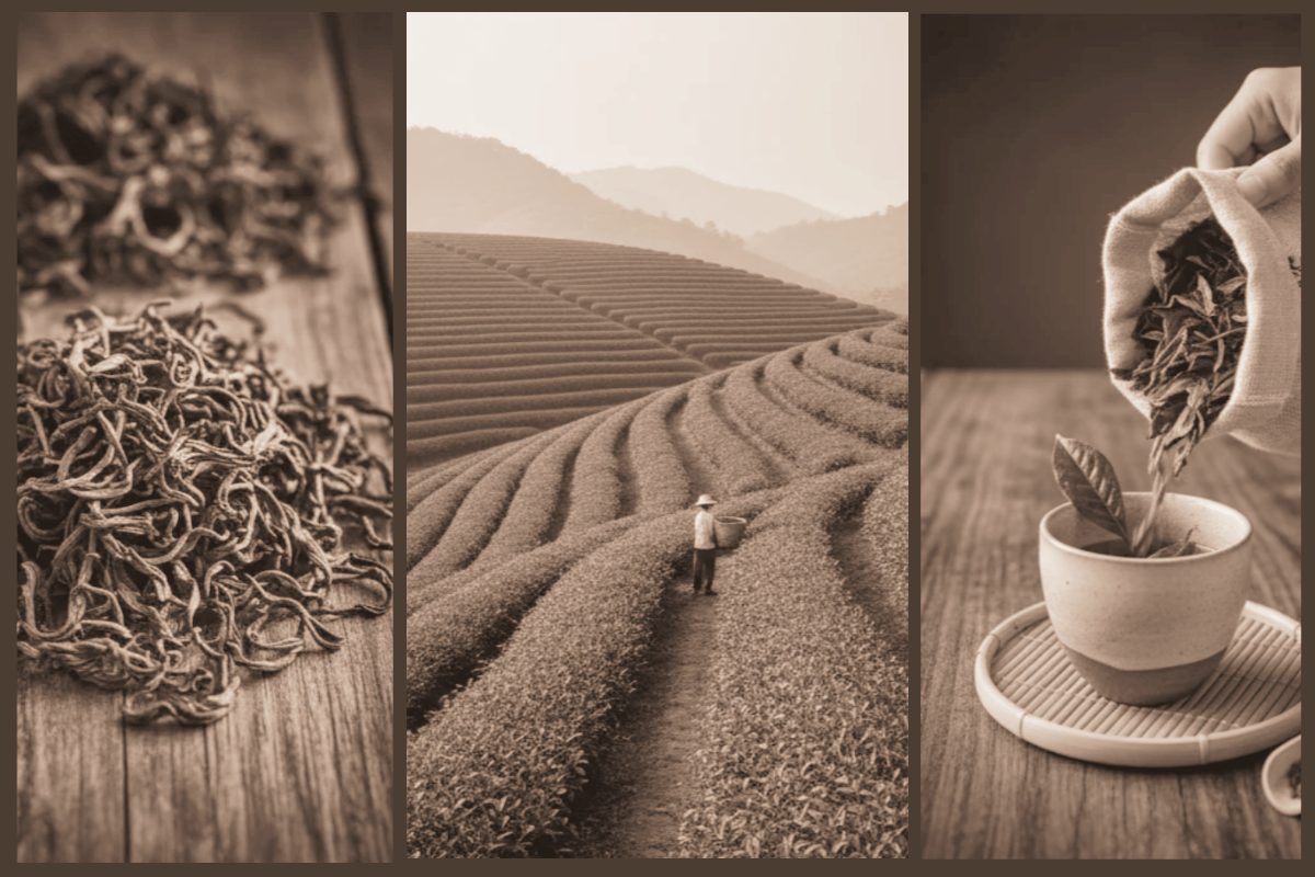 Collage aus 3 Bilder in Sepia, die Tee abbilden.