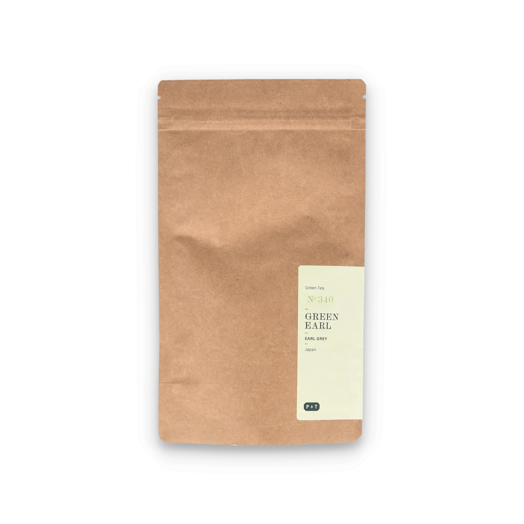 Braune Kraftpapier-Tüte mit grünem Etikett, beschriftet mit hochwertigem grünen Earl Grey Tee von P & T.