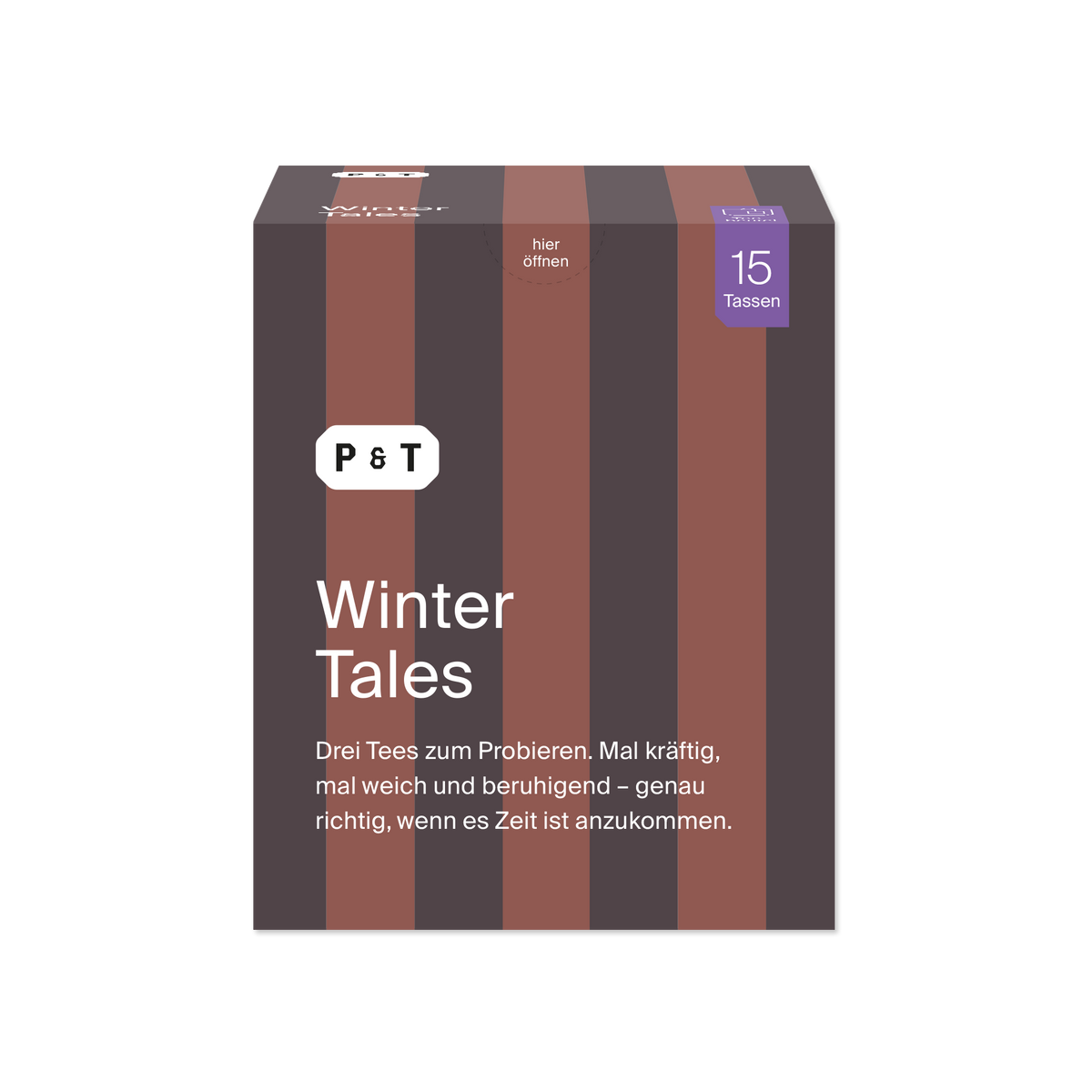 Rechteckige Teepackung „Winter Tales“ von P&T, 15 Tassen, braun-terracotta Streifen, deutsche Beschreibung.