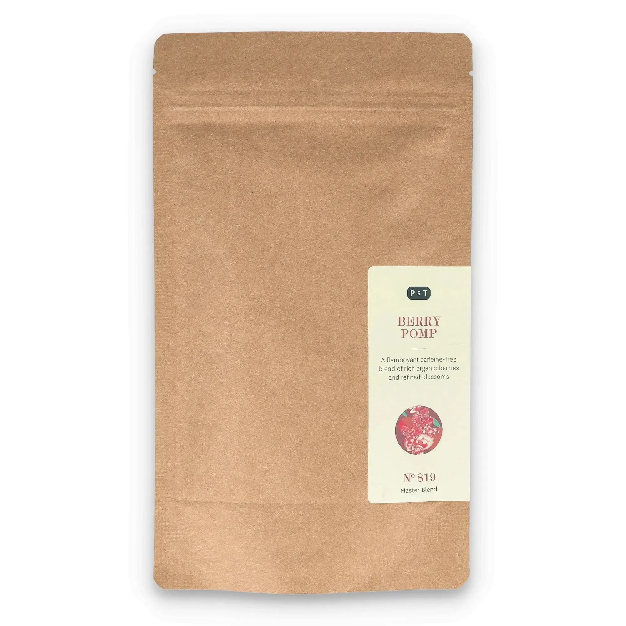 Braune Kraftpapiertüte mit Zip, beschriftet mit P & T BERRY POMP koffeinfreier Bio-Teemischung.