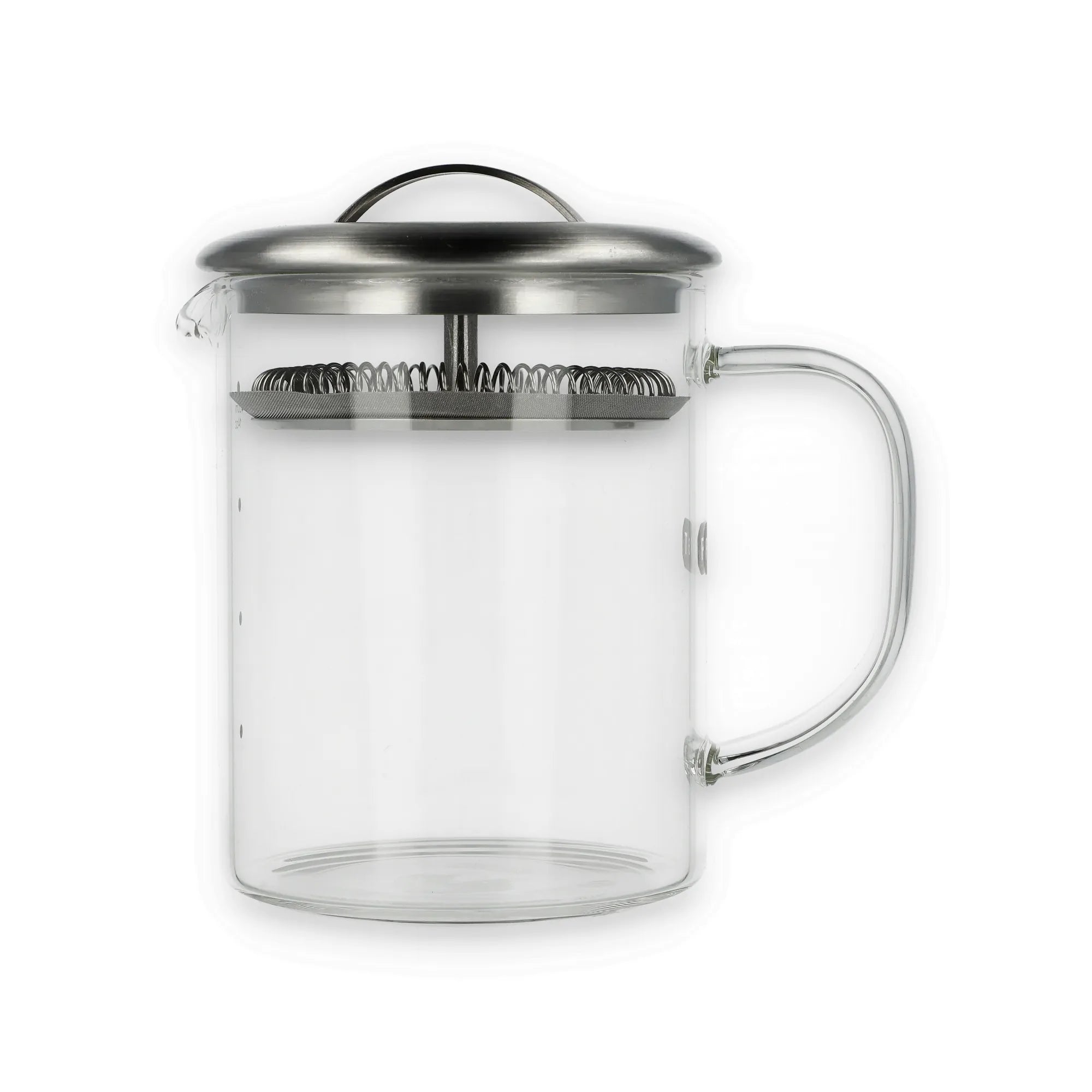 Transparente French Press aus Glas mit Metallfilter und Deckel, modern gestaltet für hochwertigen Kaffee.