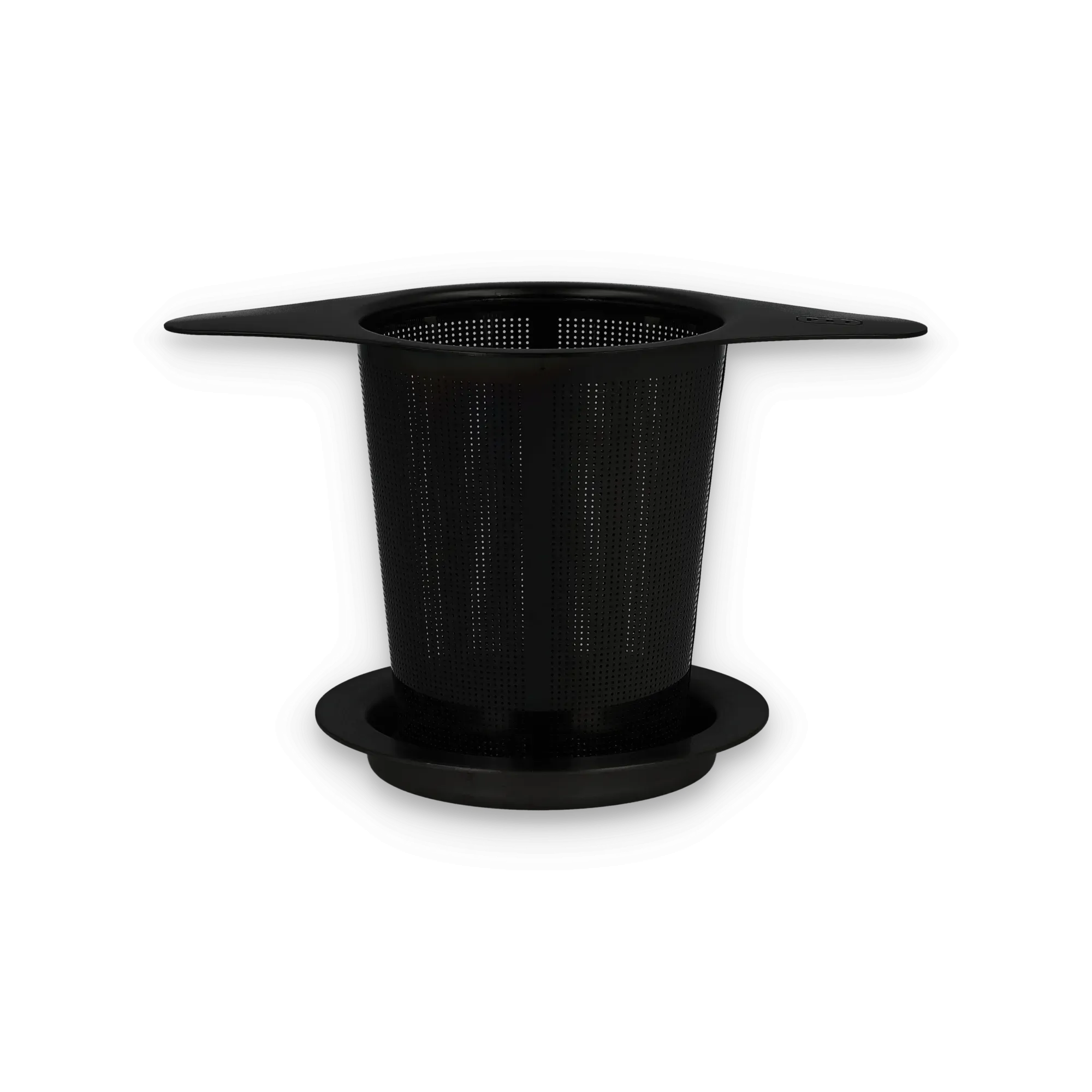 Runder schwarzer Kaffeefilter mit flachen Griffen für manuelle Kaffeezubereitung.