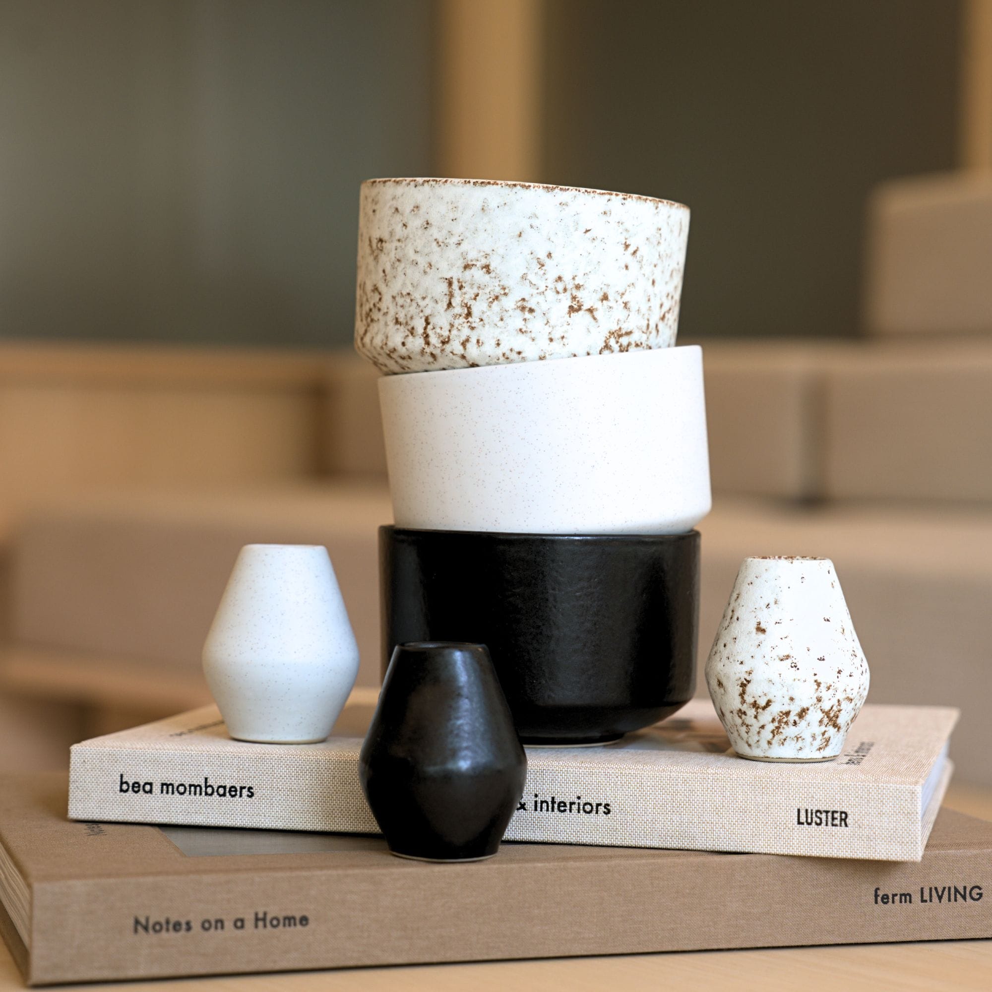 Keramisches Geschirr und kleine Vasen in Schwarz, Weiß und Braun auf Büchern von Bea Mombaers und Ferm Living.