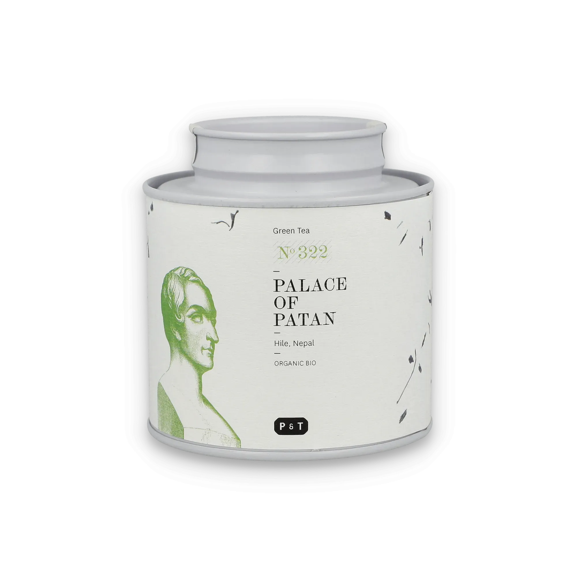 Weißer Metallbehälter mit grünem Tee 'PALACE OF PATAN' aus Hile, Nepal, Bioqualität von P & T.