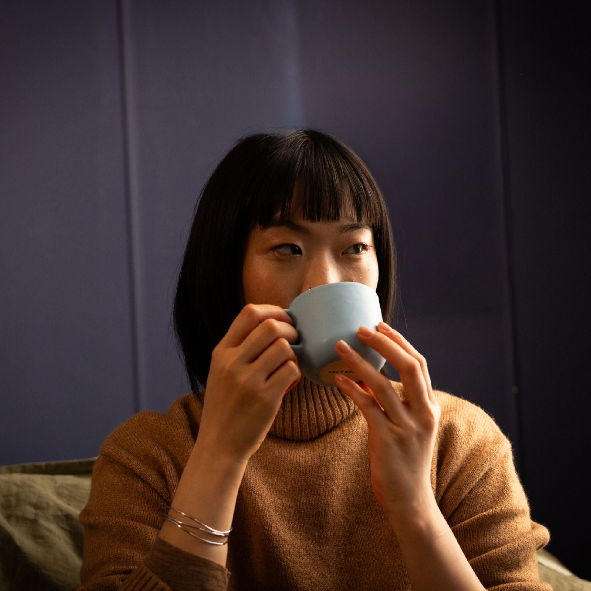Tea Cup handmade Stoneware Cup with Handle Light Blue