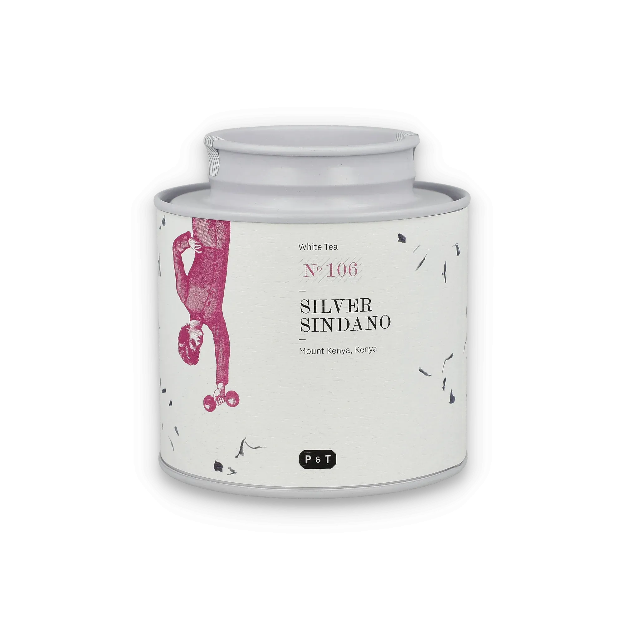 Weißer Tee No 106 Silver Sindano aus Mount Kenya in weißer Dose mit minimalistischer lila Illustration.