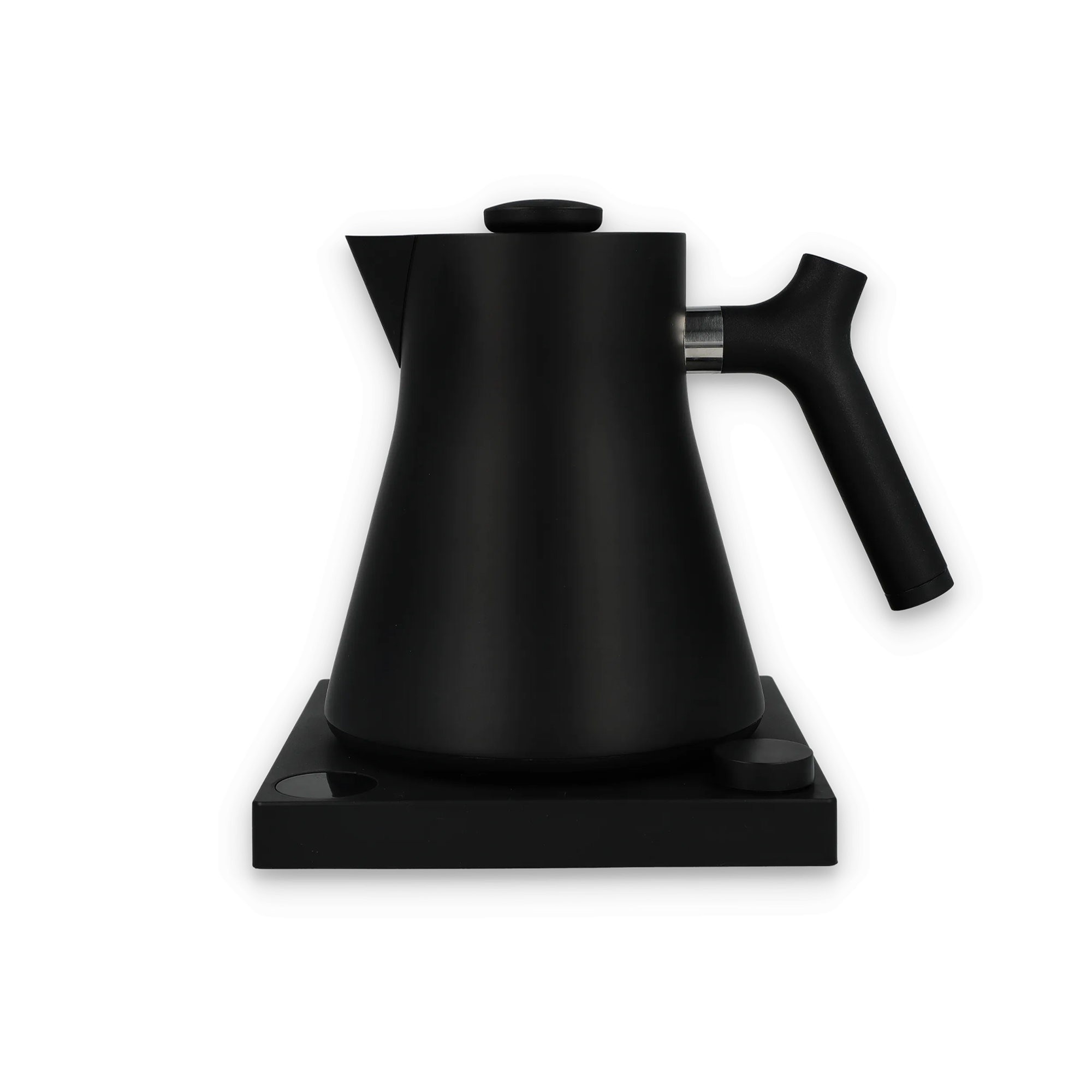 Moderner schwarzer Elektro-Wasserkocher mit konischem Design und Edelstahlgriff auf rechteckiger Basis mit Bedienelementen.