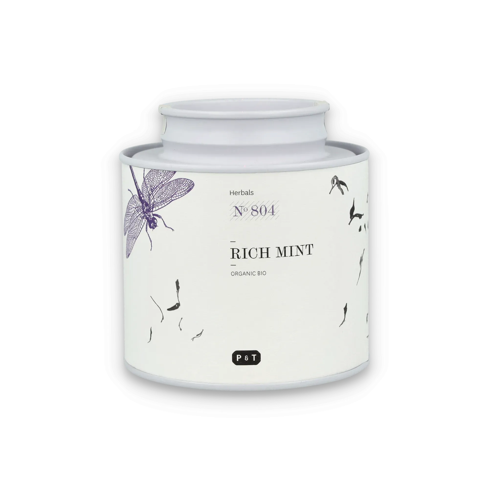 Weißer zylindrischer Behälter mit botanischen Illustrationen und Label 'Herbals No 804 RICH MINT ORGANIC BIO' von P & T