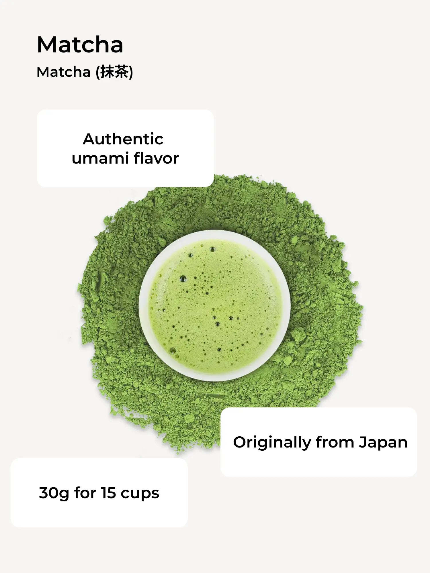 Schale mit schaumigem Matcha-Tee auf grünem Matcha-Pulver vor weißem Hintergrund.
